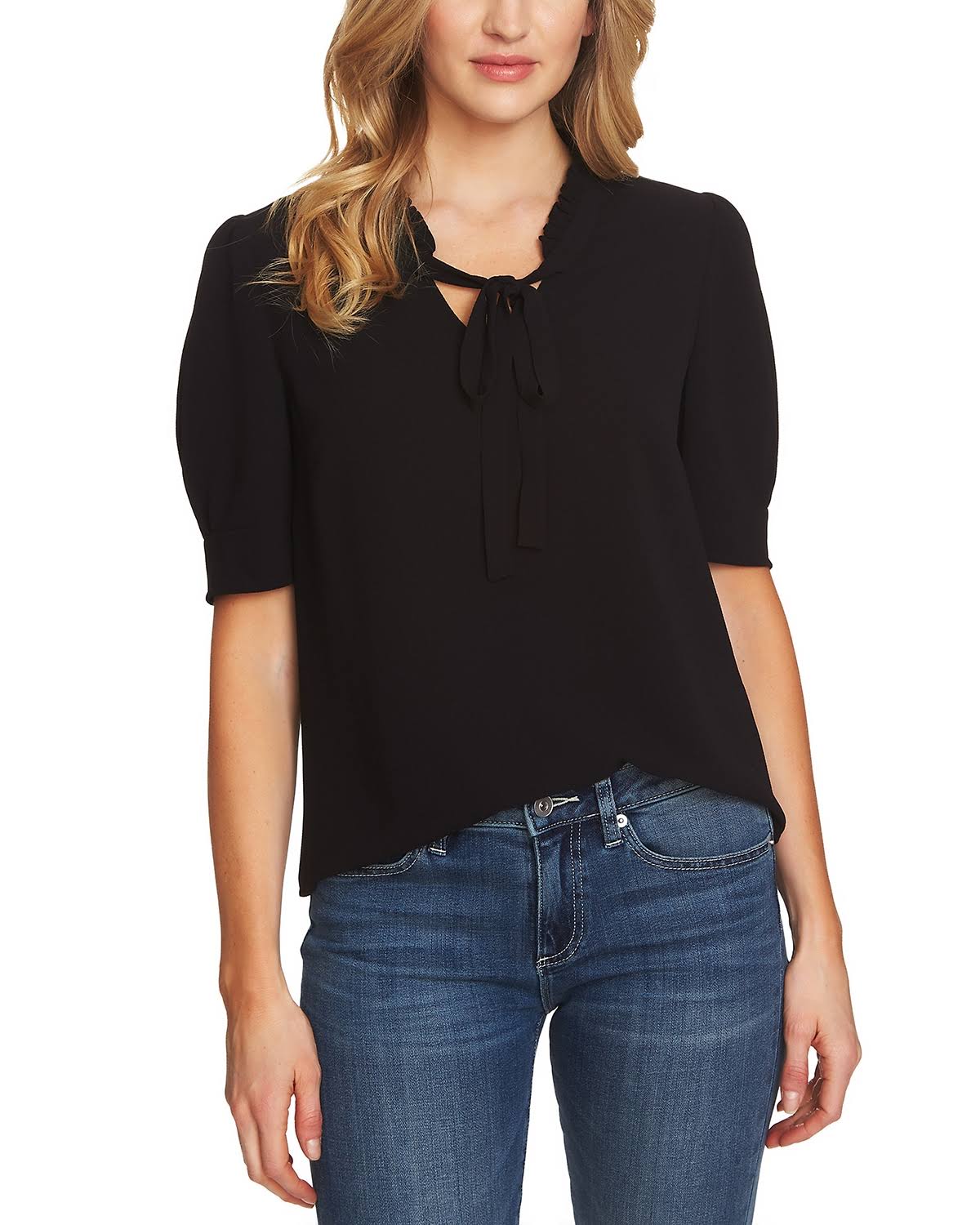Cece Ruffled V-Neck Tie Top - Rich Black