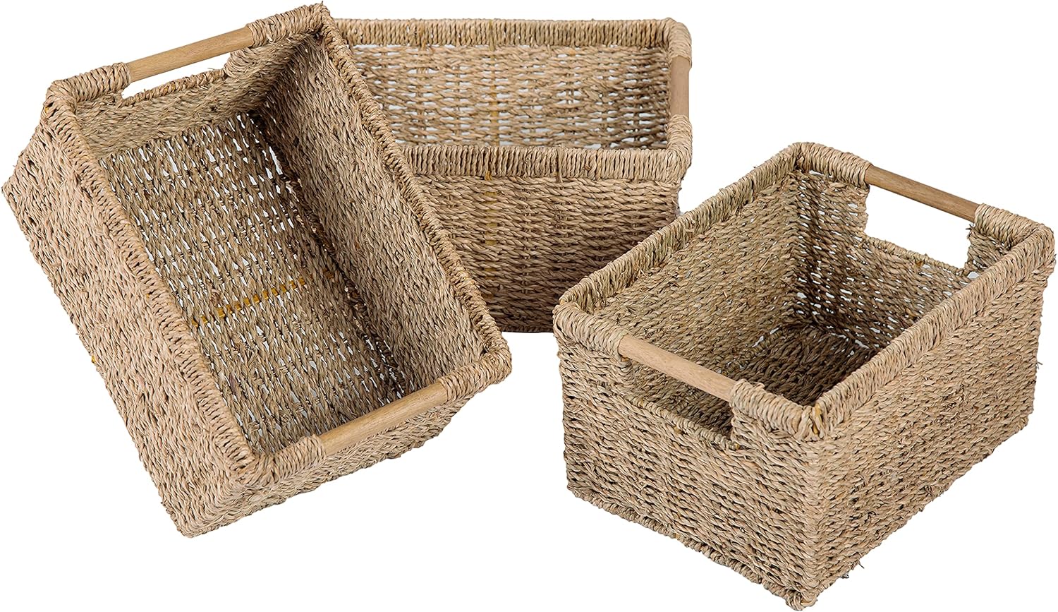 VATIMA Natural Seagrass Storage Basket with Handle, Rectangular Wicker Basket for Organizing, Decorative Wicker Storage Basket for Living Room, Medium Wicker Basket 12.5 x 8.9 x 6.7 inches - 3 Pack Pack of 2