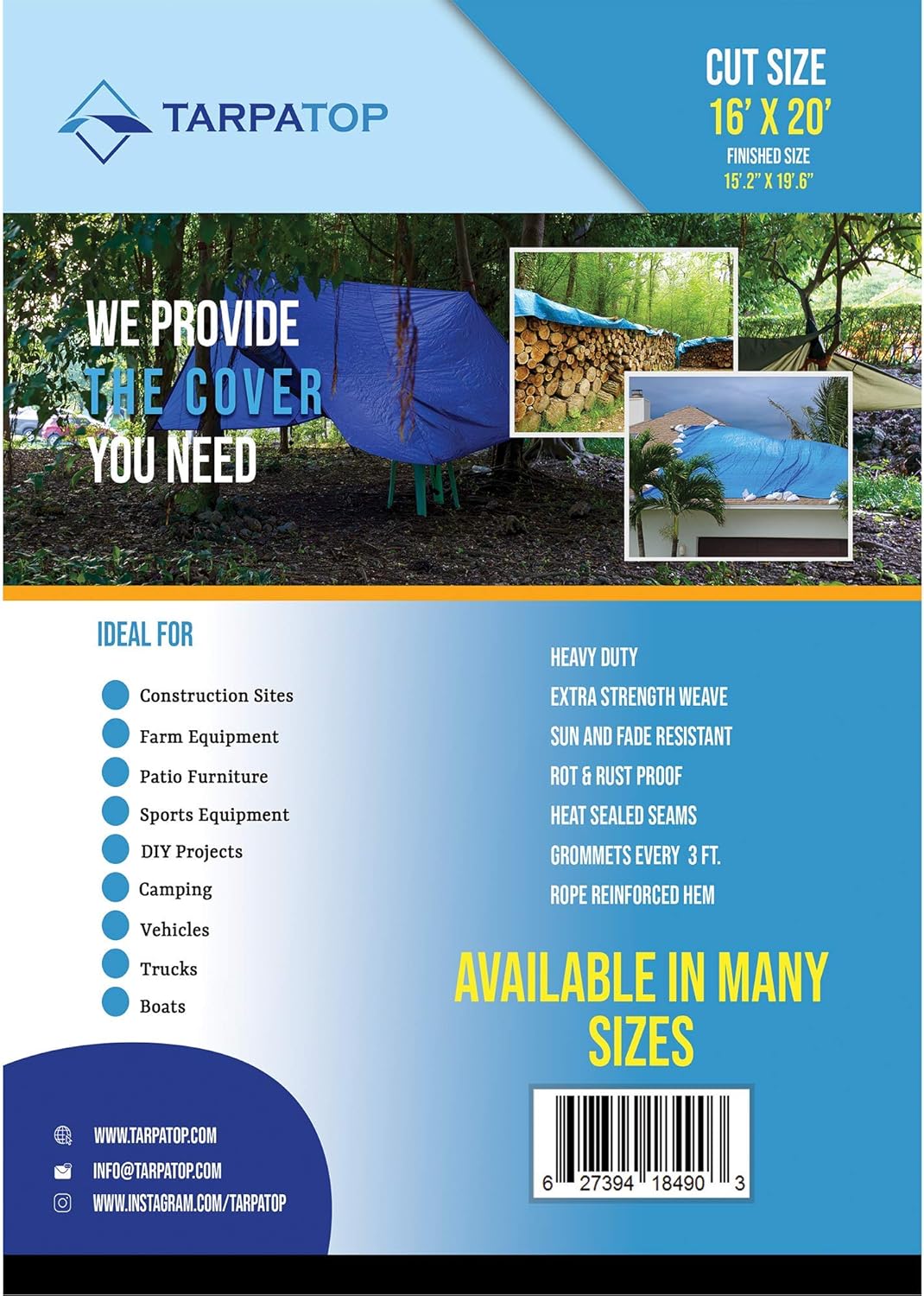 16X20 Waterproof Multi-Purpose Poly Tarp &ndash; Blue Tarpaulin Protector for Cars, Boats, Construction Contractors, Campers, and Emergency Shelter. Rot, Rust and UV Resistant Protection Sheet