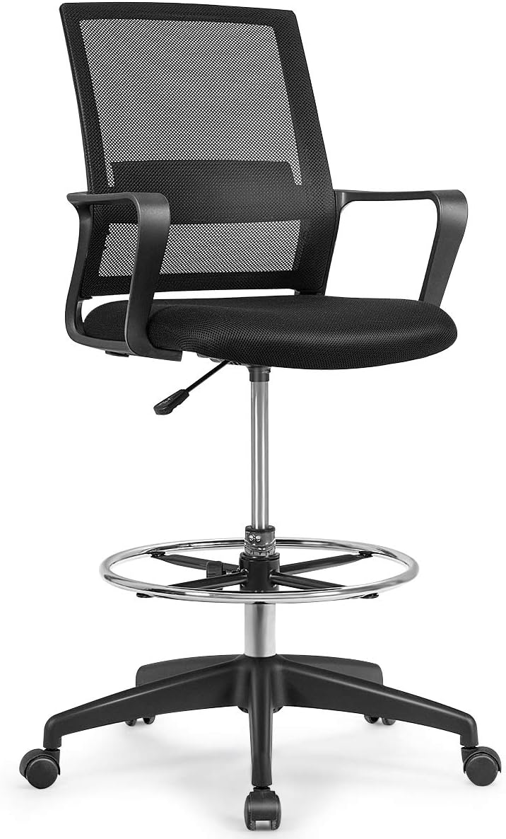 Giantex Mesh Drafting Chair, Tall Office Chair with Adjustable Foot Ring for Standing Desk, Swivel Mid Back Mesh Computer Chair w/Lumbar Support, Adjustable Height, Sturdy Home Office Furniture