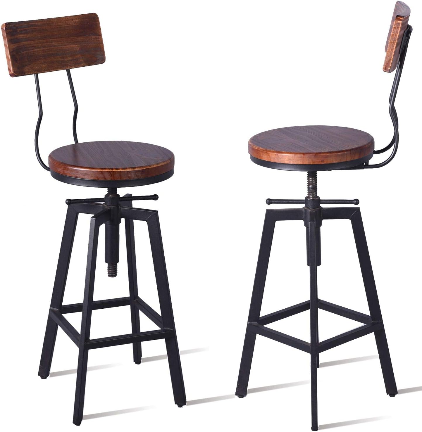 Diwhy Industrial Bar Stools,Kitchen Dining Chair,Wood Top Stool,Adjustable Height Swivel Counter Height Bar Chair with Metal Backrest,Black,Fully Welded Set of 2 (Brown Wooden Top with Iron Backrest)