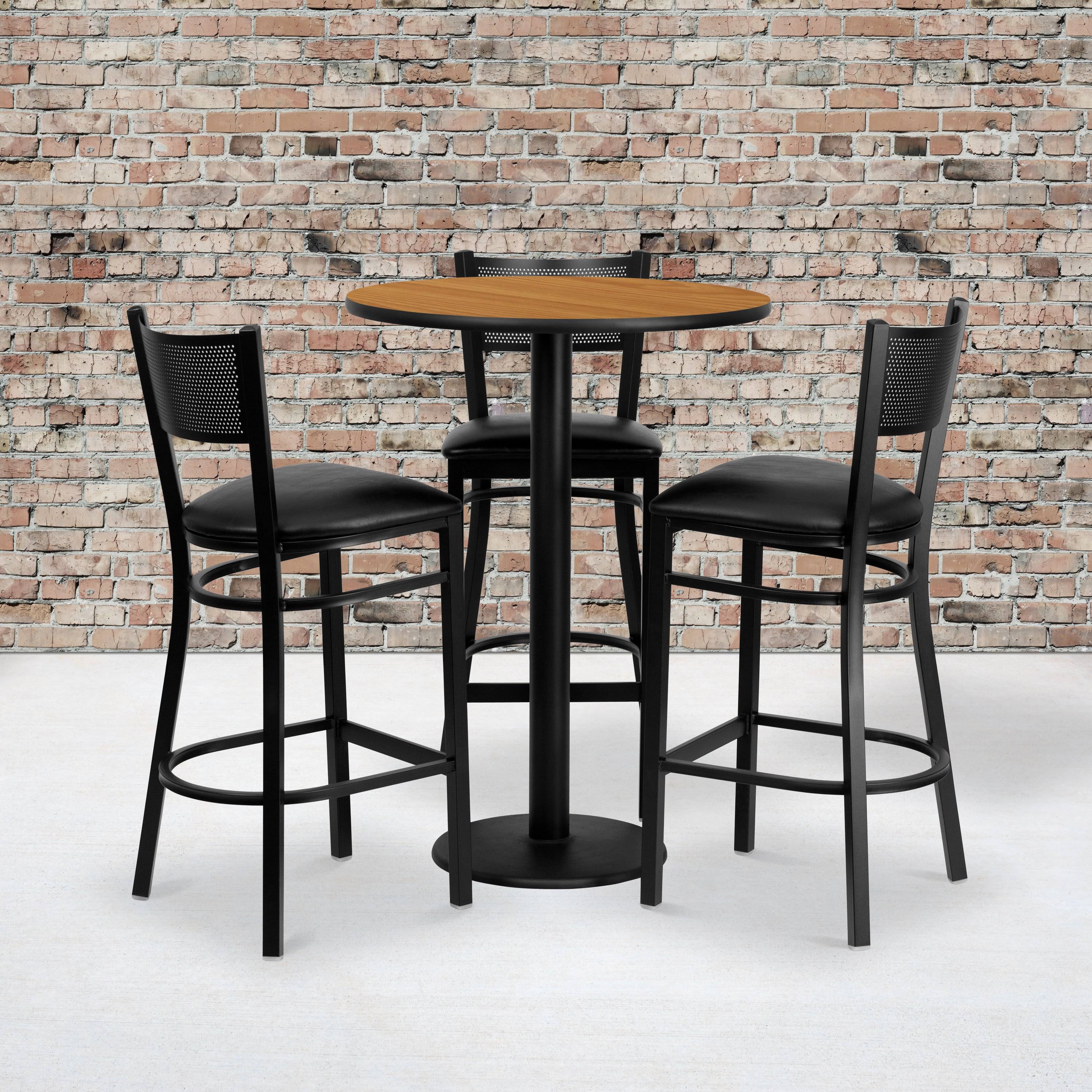 30&& Round Natural Laminate Table Set with 3 Grid Back Metal Barstools - Black Vinyl Seat | Flash Furniture