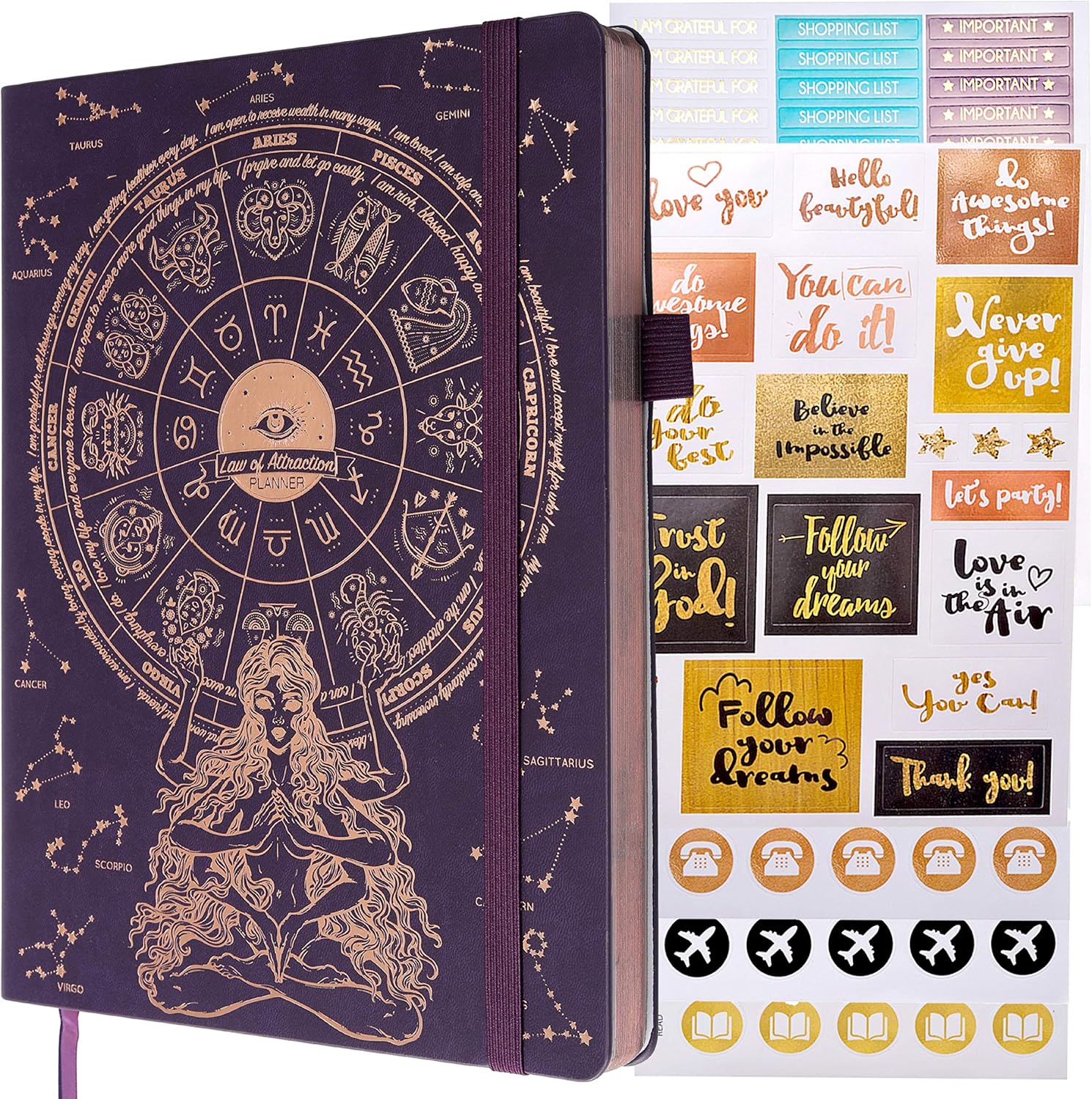 Law of Attraction Planner - Undated Deluxe Weekly, Monthly Planner, a 12 Month Journey to Increase Productivity & Happiness - Life Organizer, Gratitude Journal, and Stickers Pack of 2