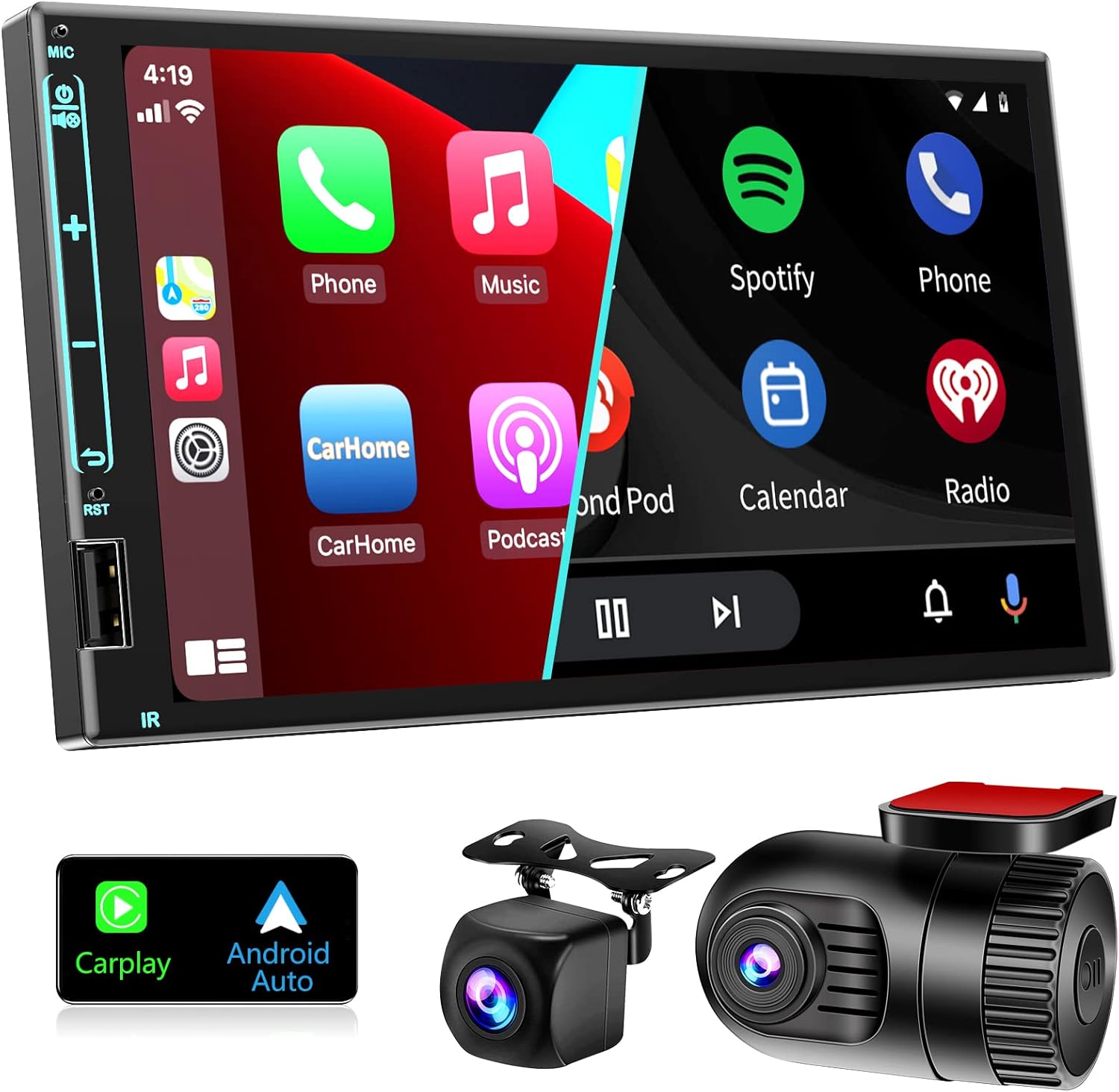 Double Din Car Stereo with Dash Cam, Support Carplay and Android Auto, AHD Backup Camera, 7 Inch HD Touchscreen, Bluetooth 5.2, Mirror Link, Steering Wheel Controls, USB/TF/AUX, Subw, AM/FM Car Radio
