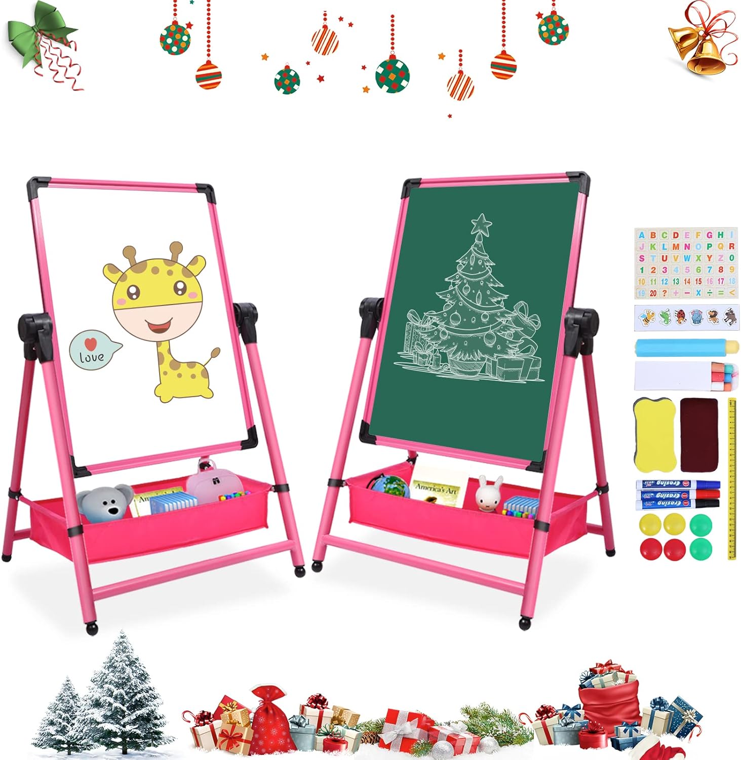 Kids Art Easel Double Sided Whiteboard & Chalkboard 26inch-43inch Height Adjustable & 360°Rotating Easel Stand with Bonus Magnetic Letters and Numbers (Pink) Pack of 2
