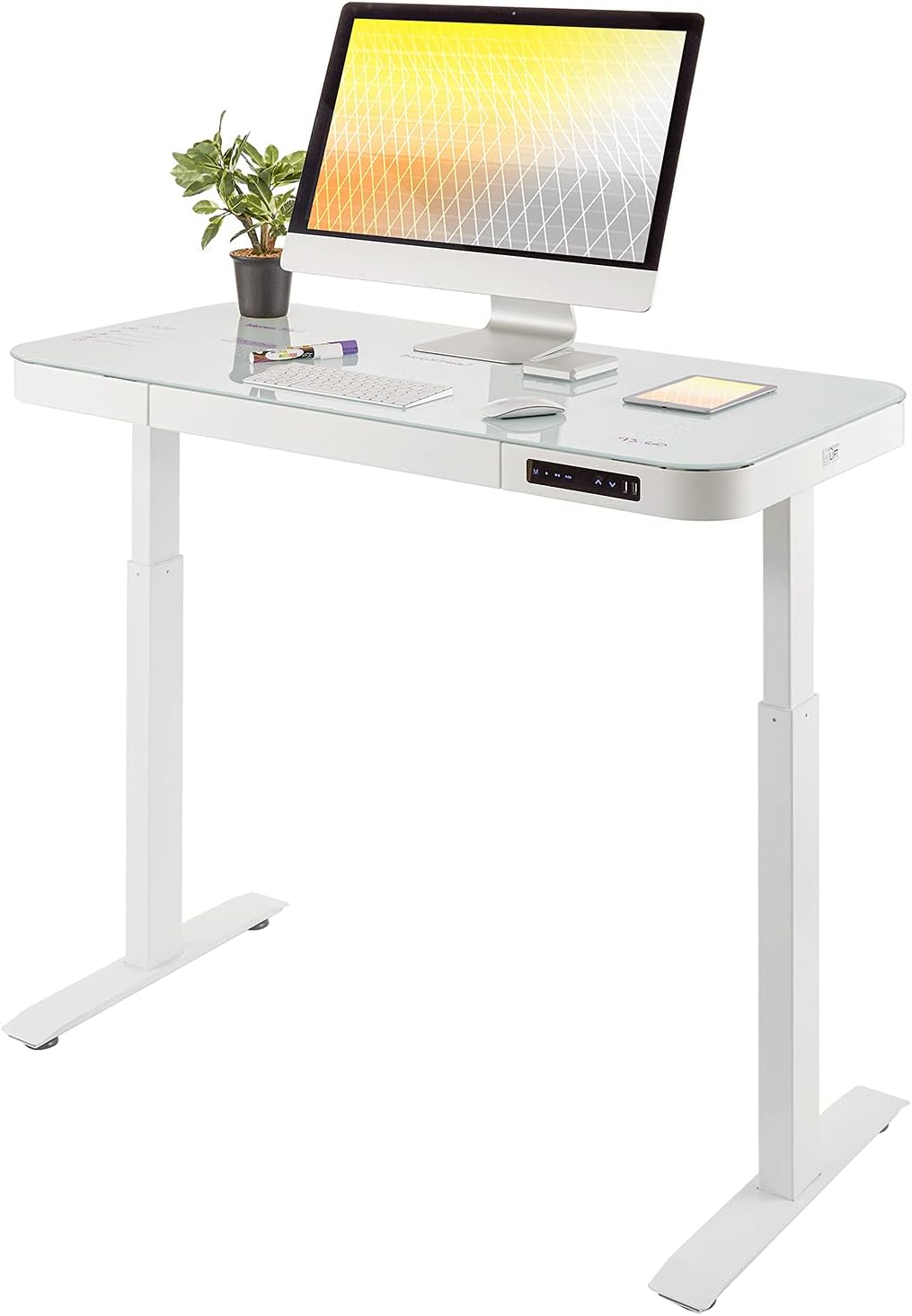Seville Classics Airlift Ergonomic Tempered Glass Electric Sit-Stand USB Charging Height Adjustable Computer Workstation Easy Assembly Home & Office, 47