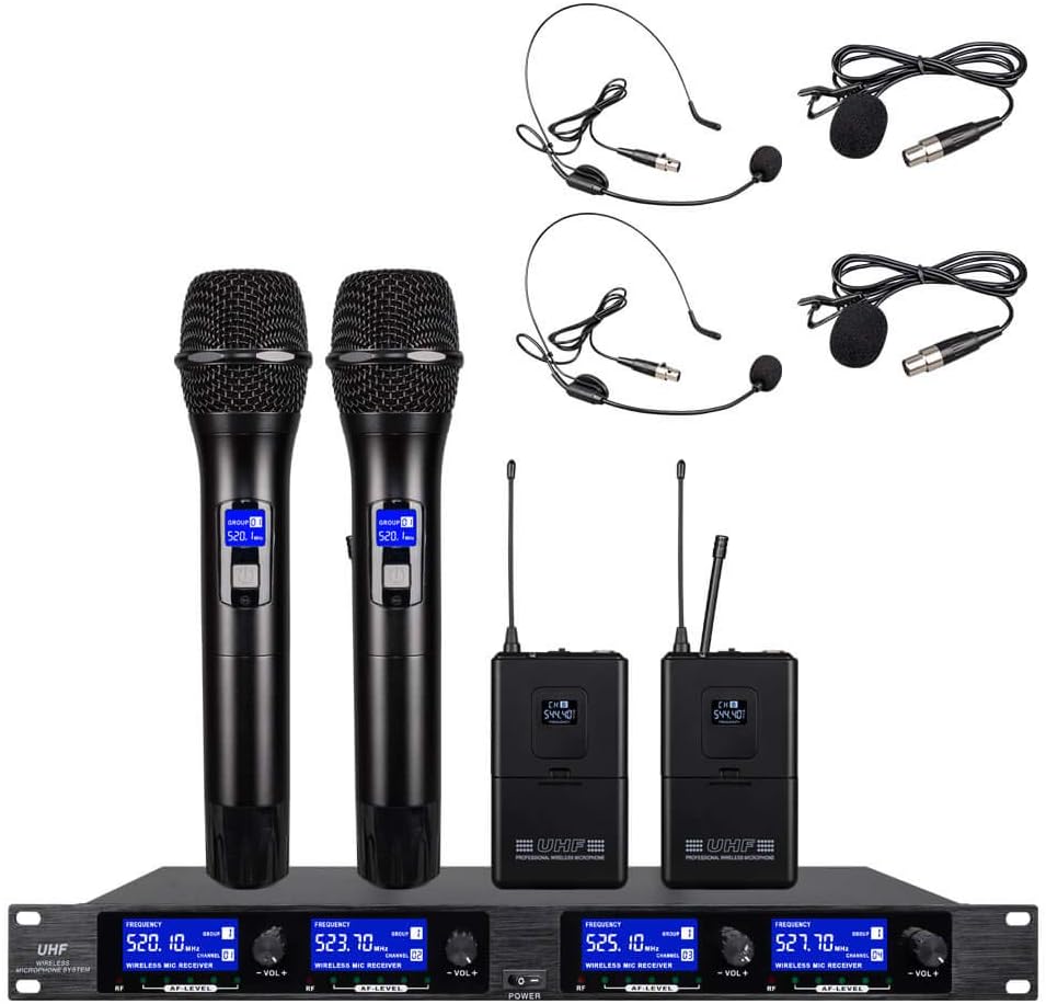 Pro UHF 4 Channel Wireless Microphone System 2 Handheld Whole Metal Mic 2 Headset & 2 Lapel Mic 2 Bodypacks with New FCC Frequency for Party Wedding Meetiing Church Conference School