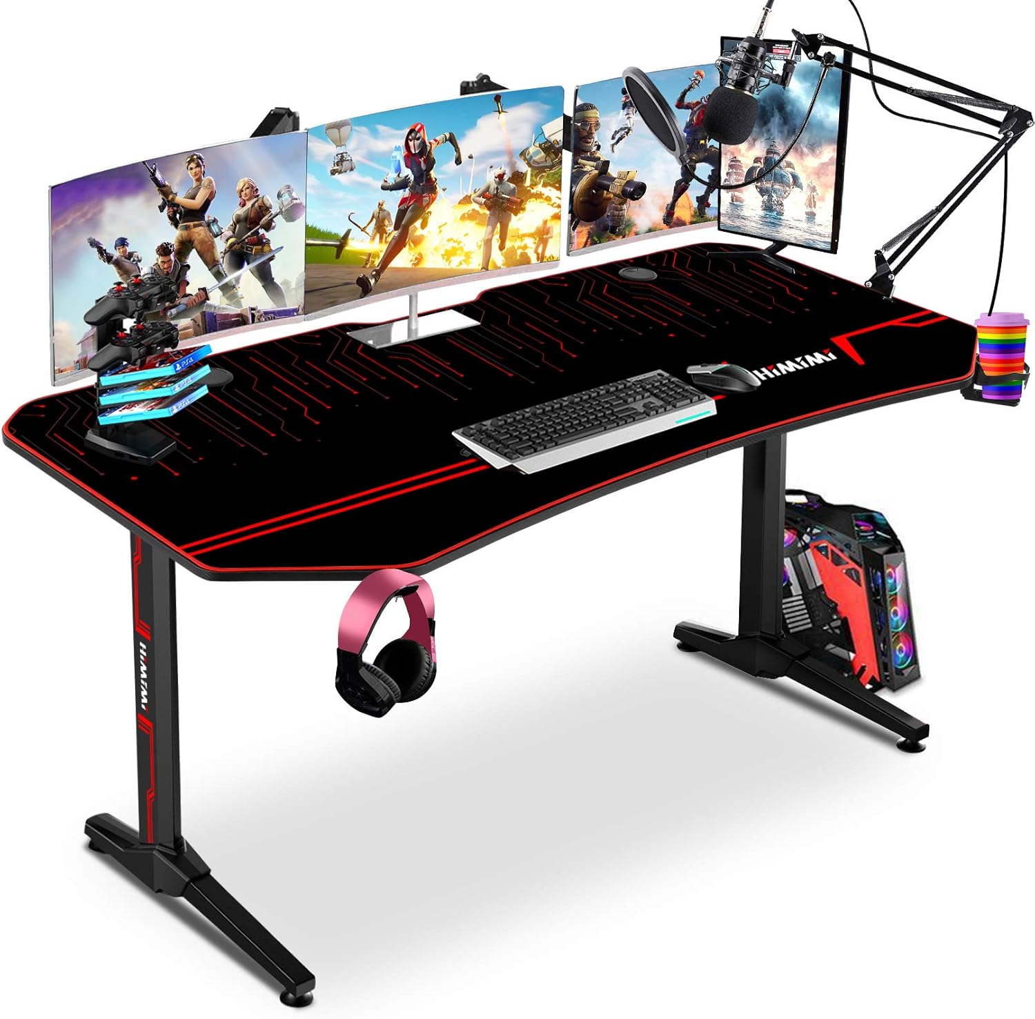 Himimi Gaming Desk 60 Inch, PC Computer Desk Gaming Table T Shaped Gamer Desk PC Workstation Computer Table with Free Mouse pad, Cup Holder and Headphone Hook for Home Office, 60