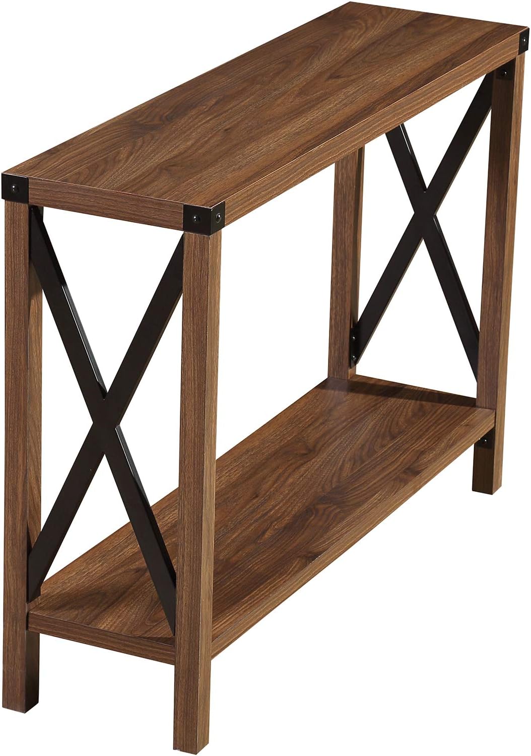 Lipo Industrial Console Table Farmhouse Rustic Modern Accent Sofa Side Table with Storage for Living Room, Entry, Hallway, Bedroom Metal X and Wood Narrow Long End Table, Rectangular Brown