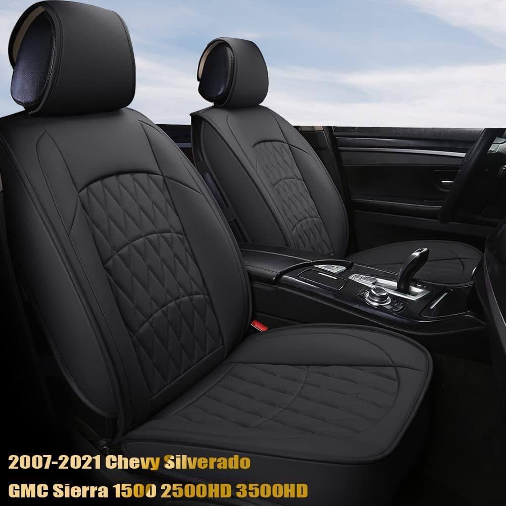 GIANT PANDA Seat Covers for Cars Full Set Chevy Chevrolet Silverado GMC Sierra 2007-2021 1500 2500HD 3500HD Leather Seat Protectors (Full Set, Black)