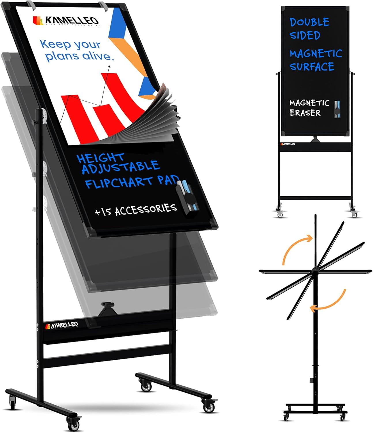 Mobile Whiteboard - 48x24 Large Adjustable Height 360&deg; Reversible Double Sided Dry Erase Board - Magnetic White Board on Wheels - Portable Rolling Easel with Stand, Flip Chart Holders | Black