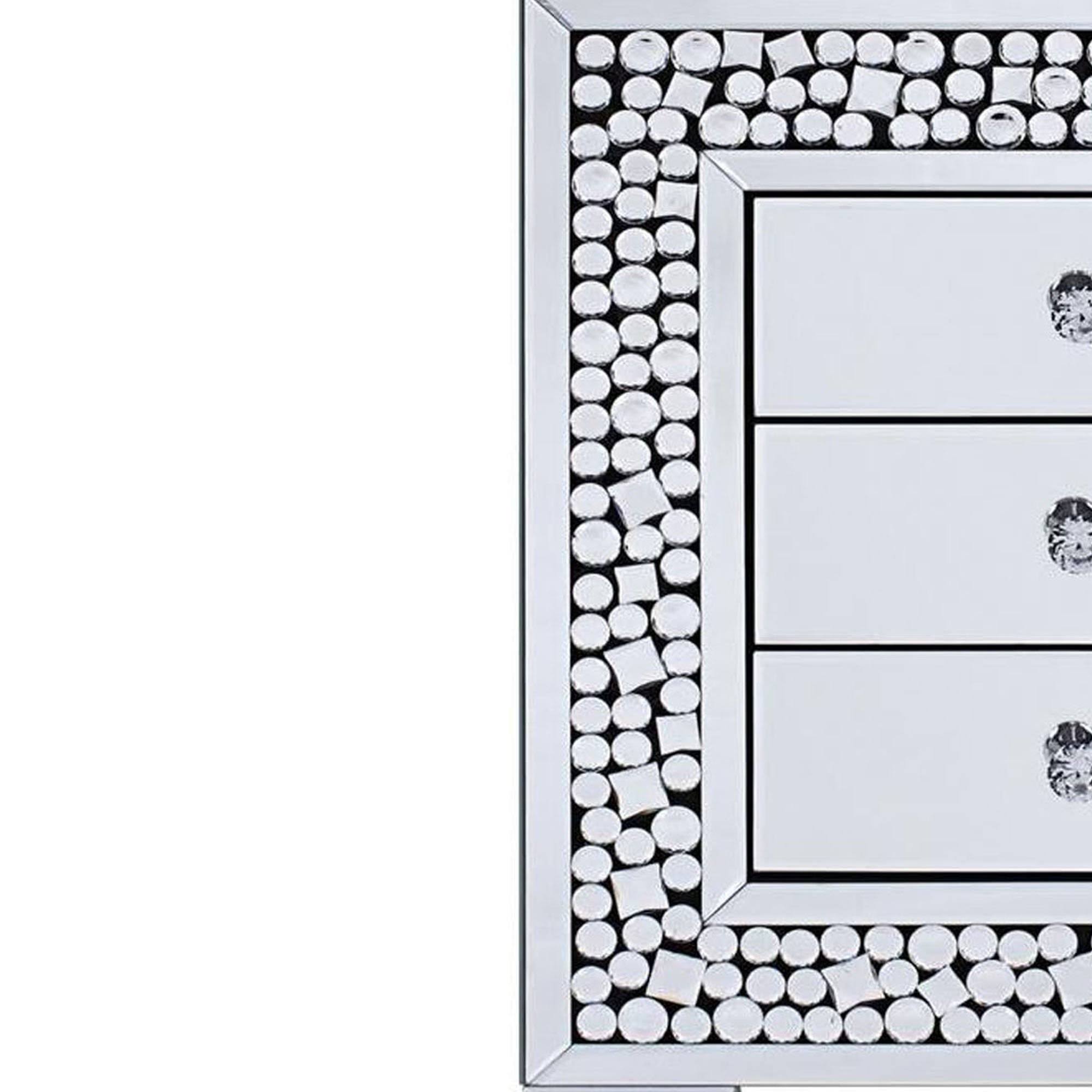 Faux Crystal Inlaid Wooden Nightstand with Three Spacious Drawers, Clear and Black