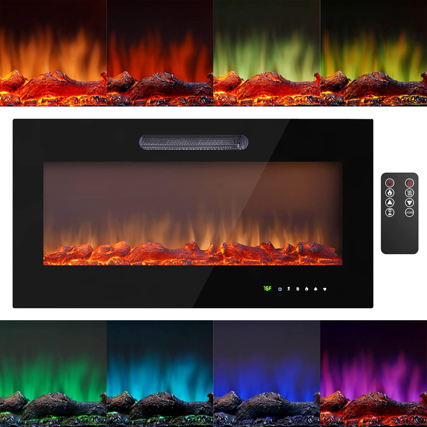 36 Inch Electric Fireplace Recessed and Wall Mounted,Electric Fireplace Insert with Remote Control and Touch Panel,750/1500W,Fire Place Electrical Heater with Log and Crystal Options