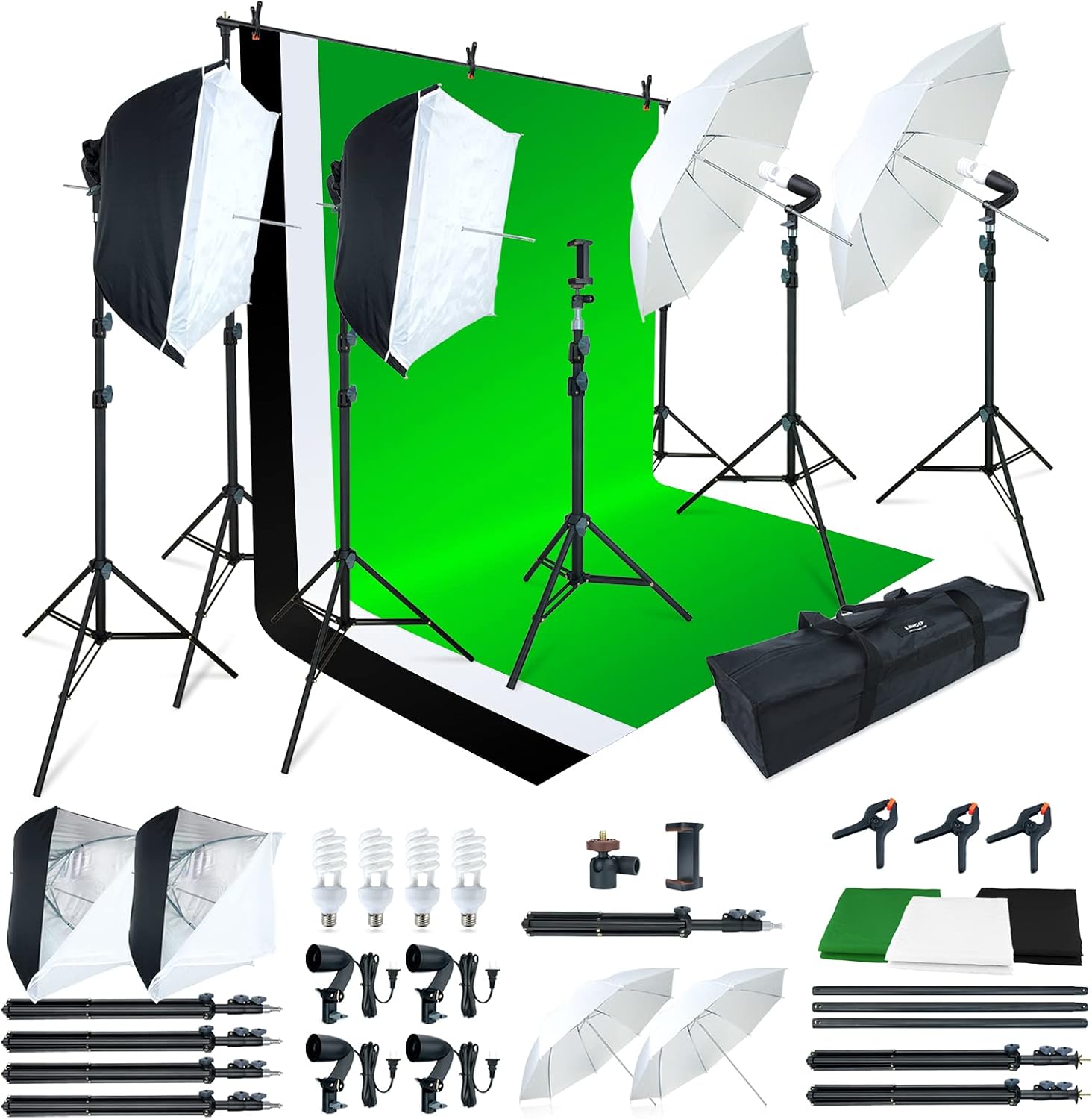 LINCO Lincostore Photo Video Studio Light Kit AM169 - Including 3 Color Backdrops (Black/White/Green) Background Screen