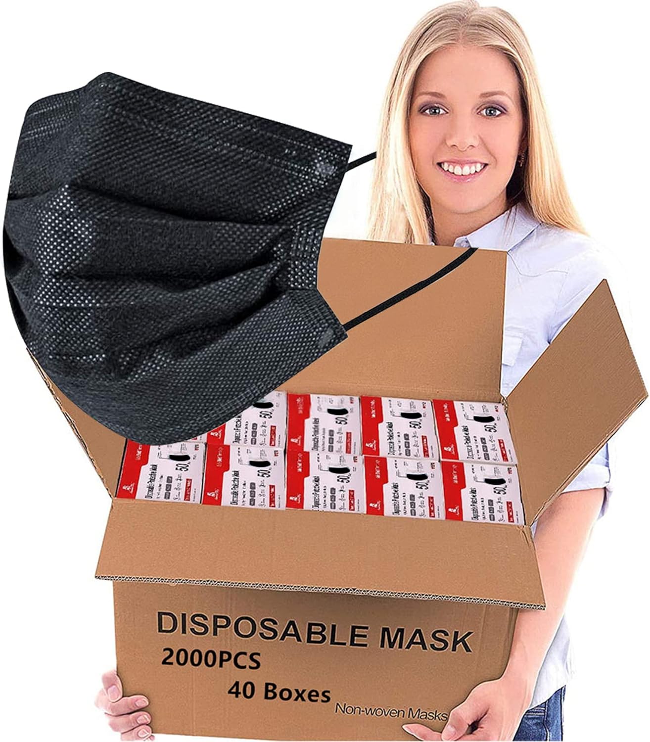 2000PCS Wholesale Bulk Disposable Face Masks, Non Woven Thick 3-Layers Masks Breathable Face Mask for Adults (2000Pcs Black Disposabl Masks)