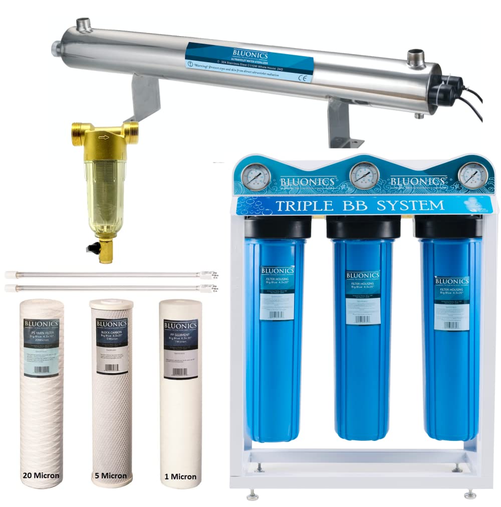Bluonics Complete Well Water Solution with 110W UV+Sediment & Carbon Well Water Filter Purifier System 24GPM w/Triple Housing,40 Mic Pre Filter and Extra Filter Replacement