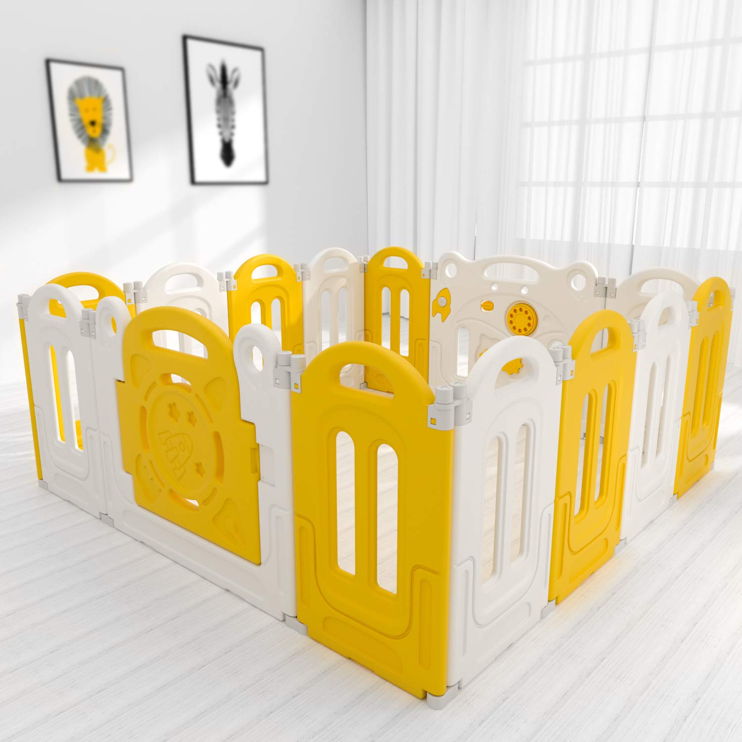 YOOVEE Baby Playpen, Assembly-Free Baby Activity Center Safety Foldable Baby Play Yard with Non-Slip Foot Mats & Safety Lock, 14 Panels Adjustable Shape Baby Fence, Yellow & White
