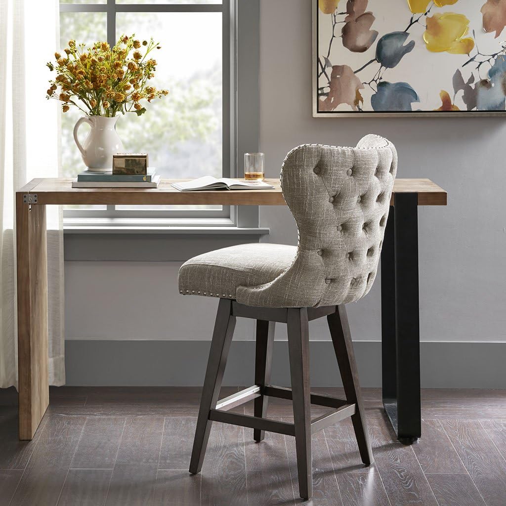 Madison Park Hancock Swivel Counter Height Barstool With Wingback Modern Contemporary Solid Wood, Nail Head Accent, Pub Stool, 27