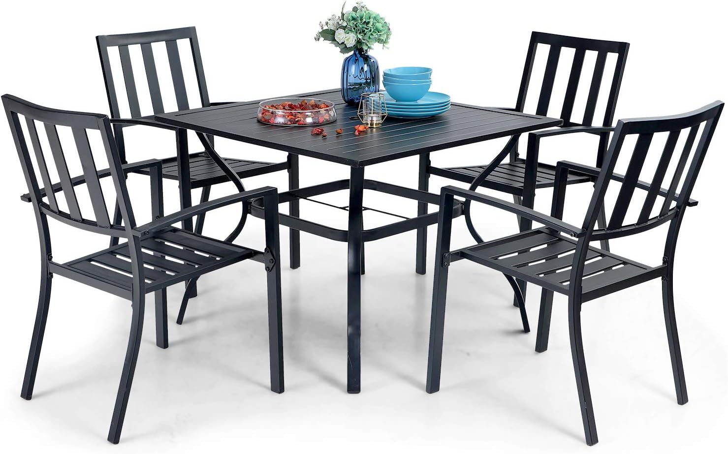 PHI VILLA 5-Piece Patio Dining Table Set, 37&rdquo; Square Metal Dining Table with Umbrella Hole & 4 Stackable Steel Chairs for Outdoor, Deck, Yard