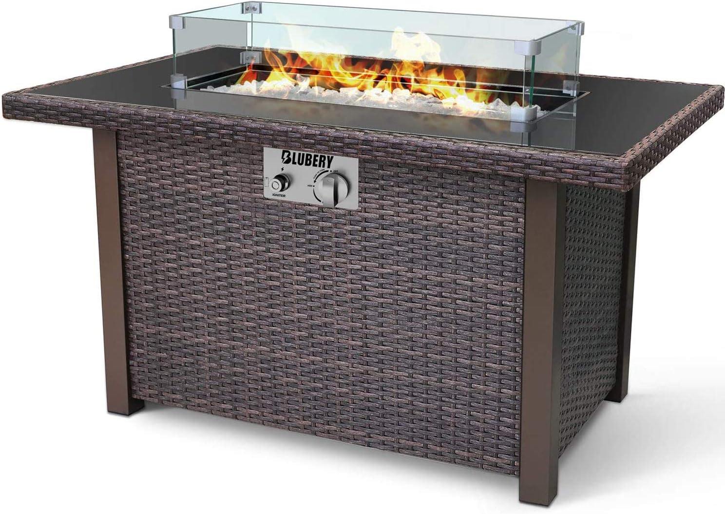 BLUBERY 44'' Propane Fire Pit Table, 50,000 BTU PE Rattan Gas Fire Pit with Black Tempered Glass Tabletop, Glass Wind Guard, Auto-Ignition, White Glass Stone, ETL CERT