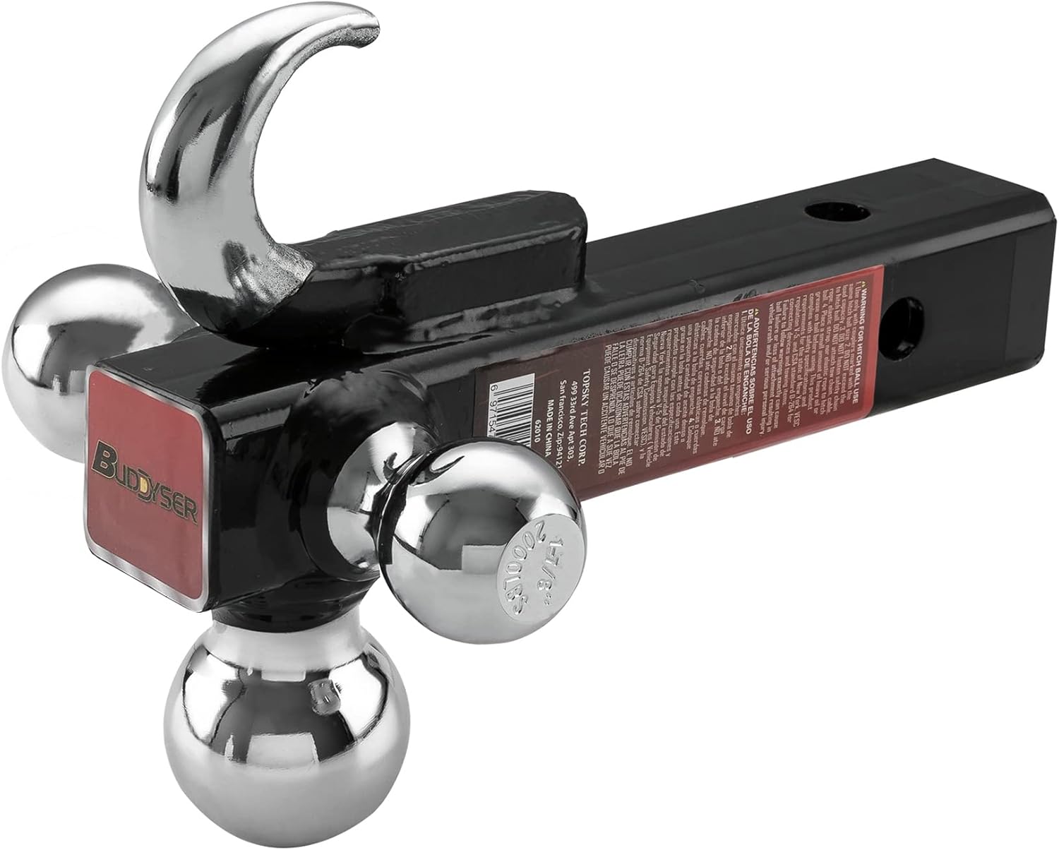BUDDYSER Trailer Hitch Triple Ball Mount with Hook, 1-7/8, 2, 2-5/16-inch Balls, Fits 2-inch Tow Hitch Receiver,Chrome Pack of 2