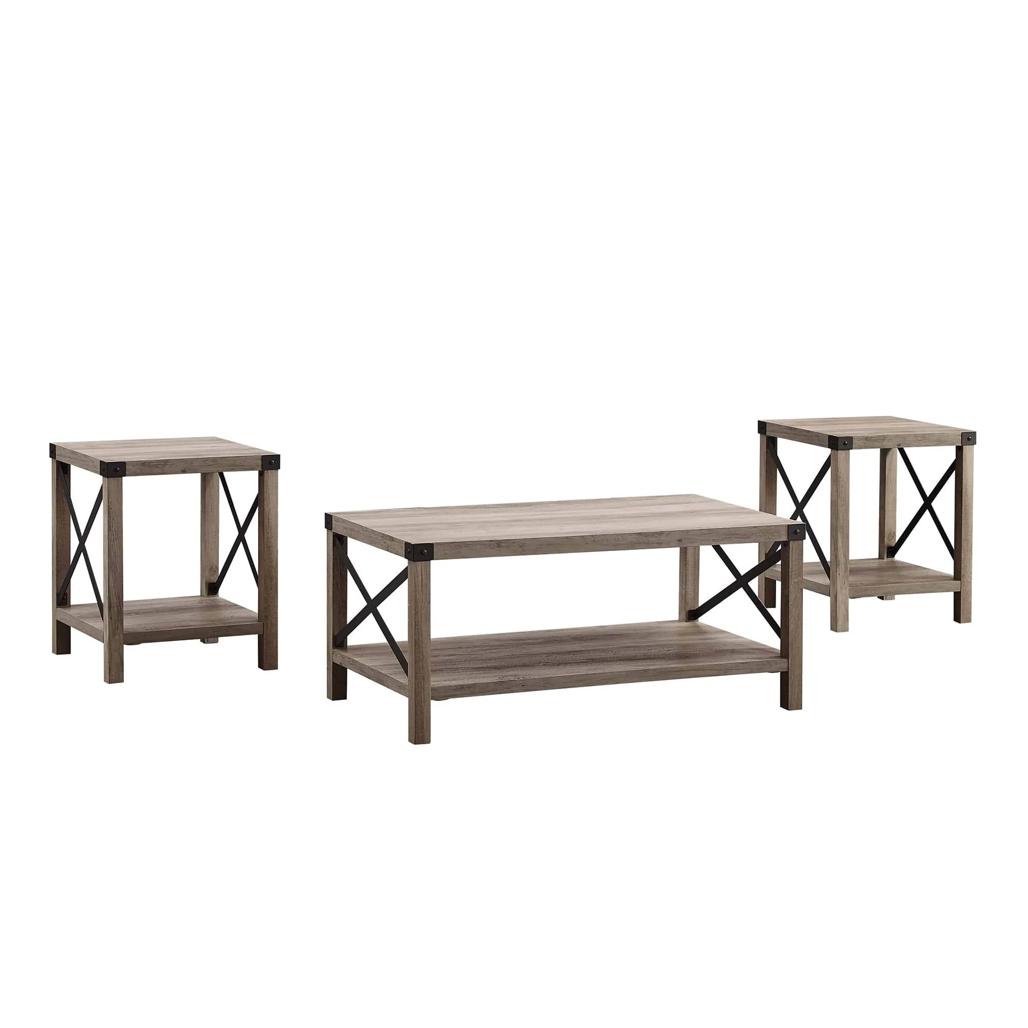 Walker Edison 3-Piece Rustic Wood u0026 Metal Accent Table Set - Grey Wash