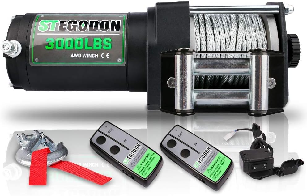 STEGODON 3000 lb. Load Capacity Electric Winch,12V Steel Cable Winch with Wireless Handheld Remote and Wired Handle,Waterproof IP67 Electric Winch with 4-Way Roller Fairlead（Matte Black）