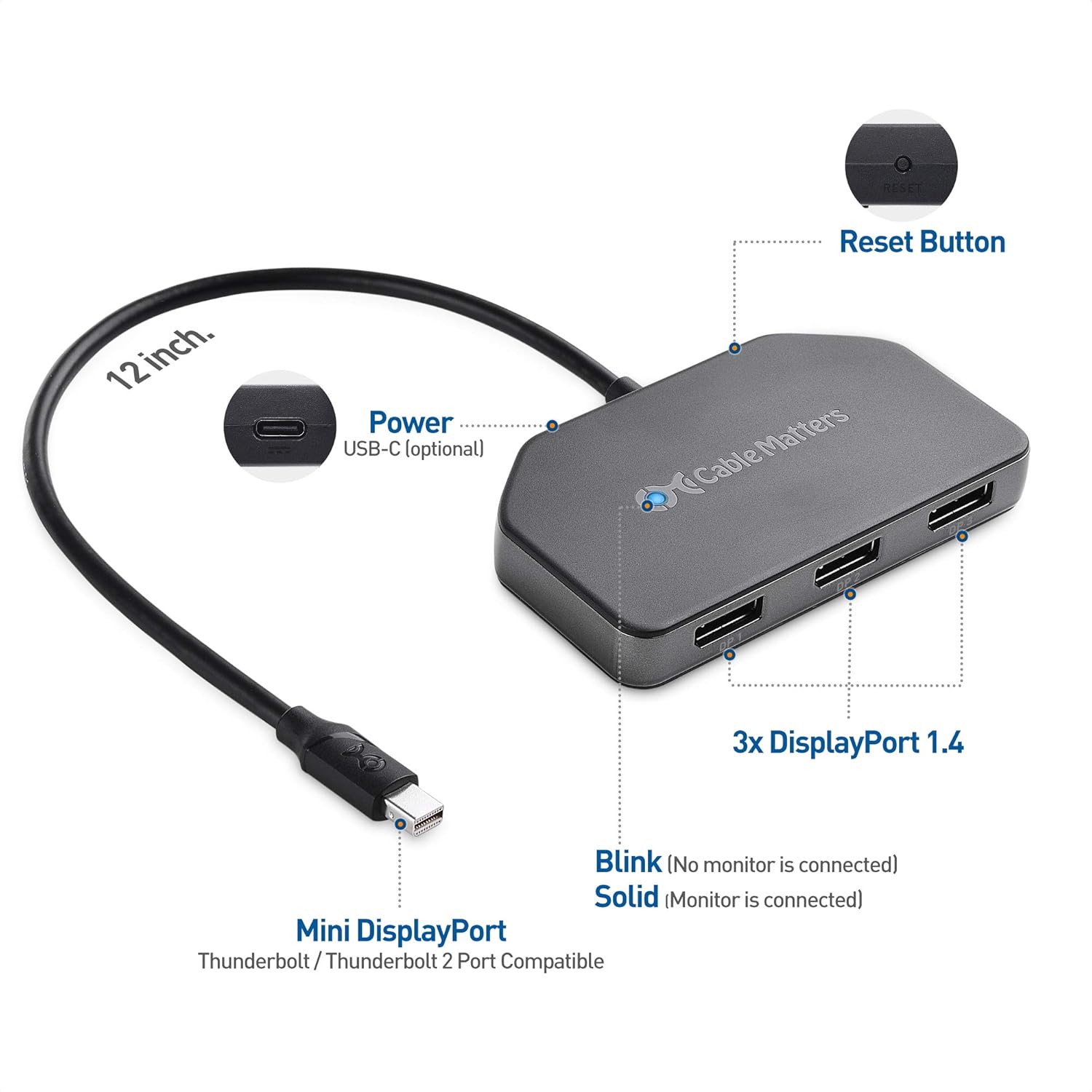 Cable Matters Triple 4K DisplayPort Splitter (Triple Monitor Mini DisplayPort Hub) to 3-Port DisplayPort 1.4 Enabled for 8K and 4K 120Hz HDR for Windows Only, NOT Compatible with macOS