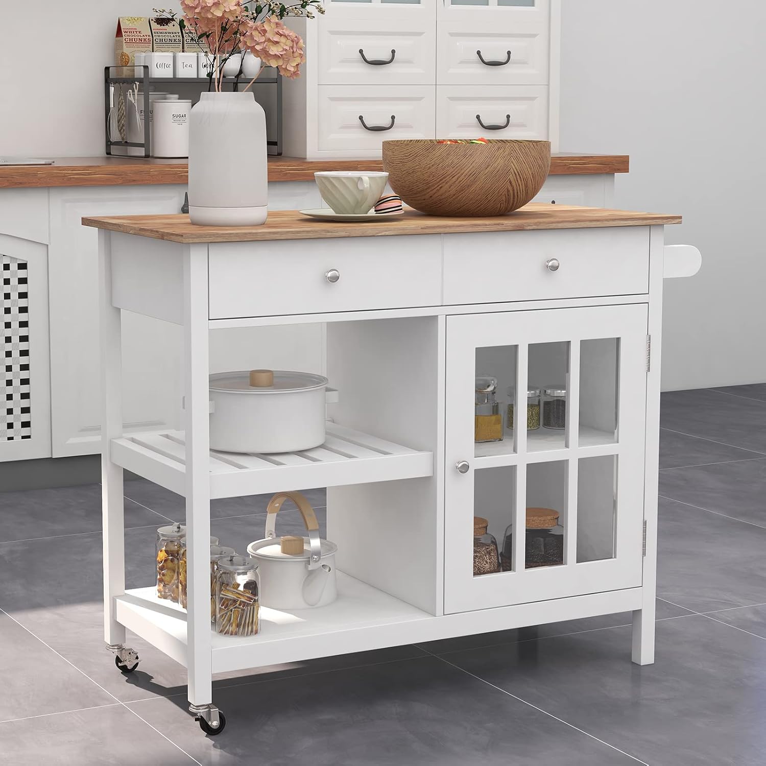 ChooChoo Rolling Kitchen Island, Portable Kitchen Cart Wood Top Kitchen Trolley with Drawers and Glass Door Cabinet, Wine Shelf, Towel Rack, Gray