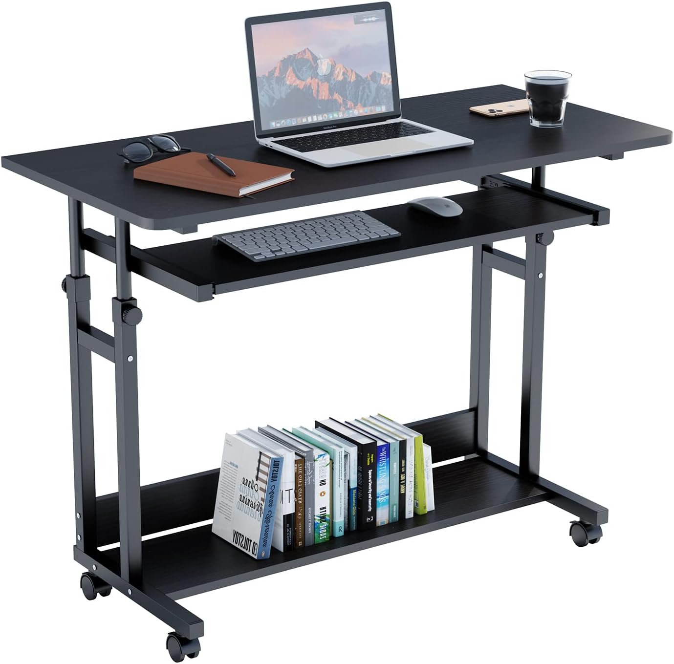 Dripex Rolling Desk - 31.5&rdquo; Adjustable Computer Desk Home Office Computer Workstation Mobile Writing Table Laptop Cart with Locking Wheels Keyboard Tray, Black