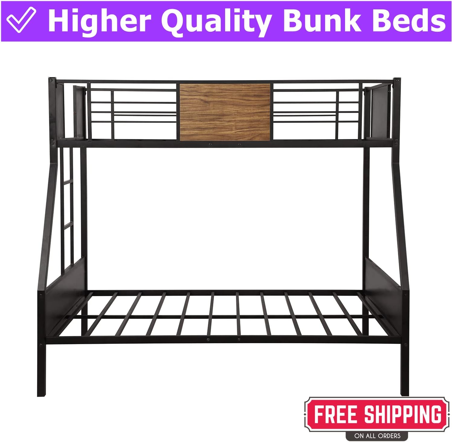 ZMIHANNA Latest Version Metal Bunk Beds for Kids Teens Adults,More Durable Metal Steel Bunk Bed Frame with Safety Rail & Ladder & Wood Board Decoration,Easy Assemble,Black (Twin Over Full Bunk Bed)