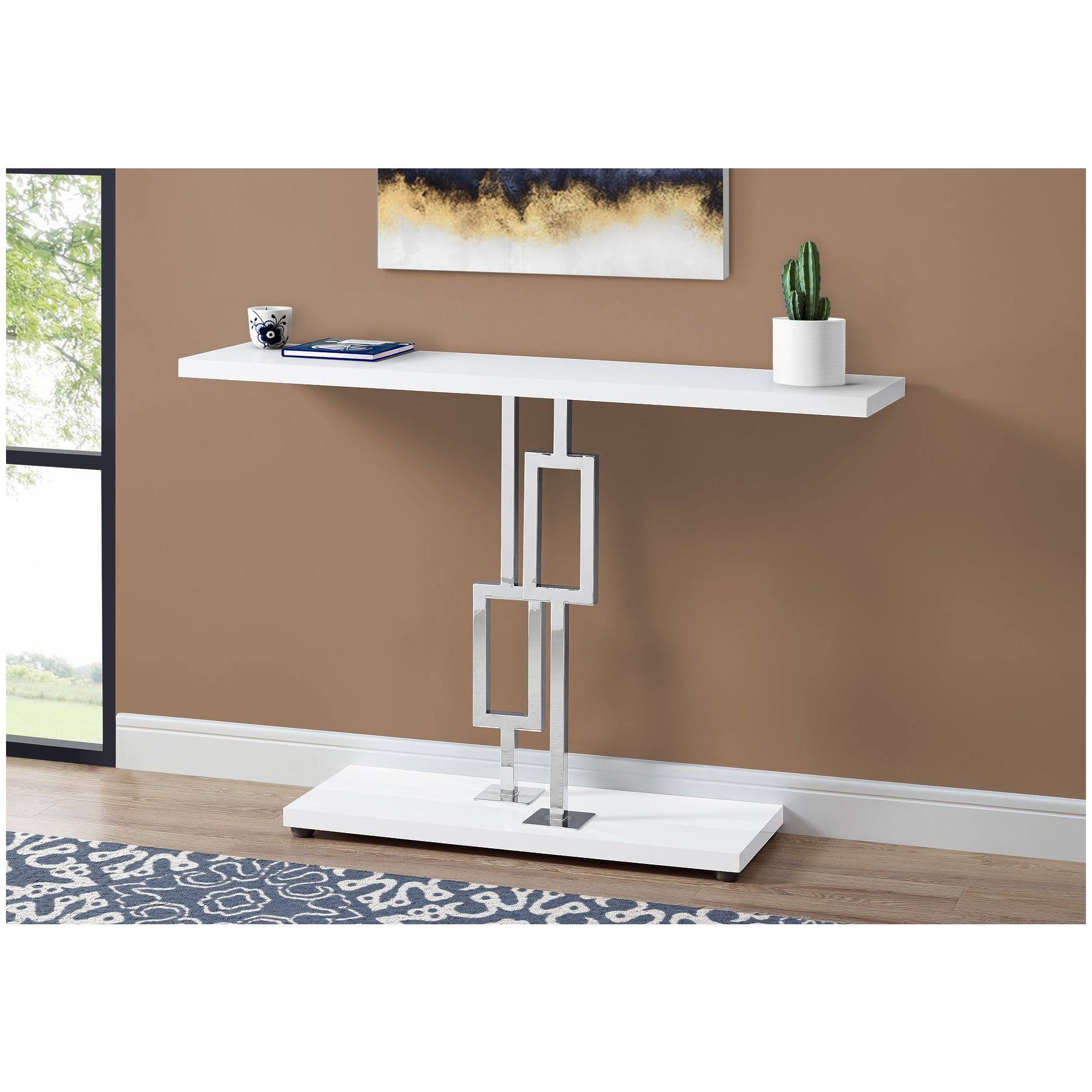 Monarch Accent Table - 48x22L / Glossy White / Chrome Metal