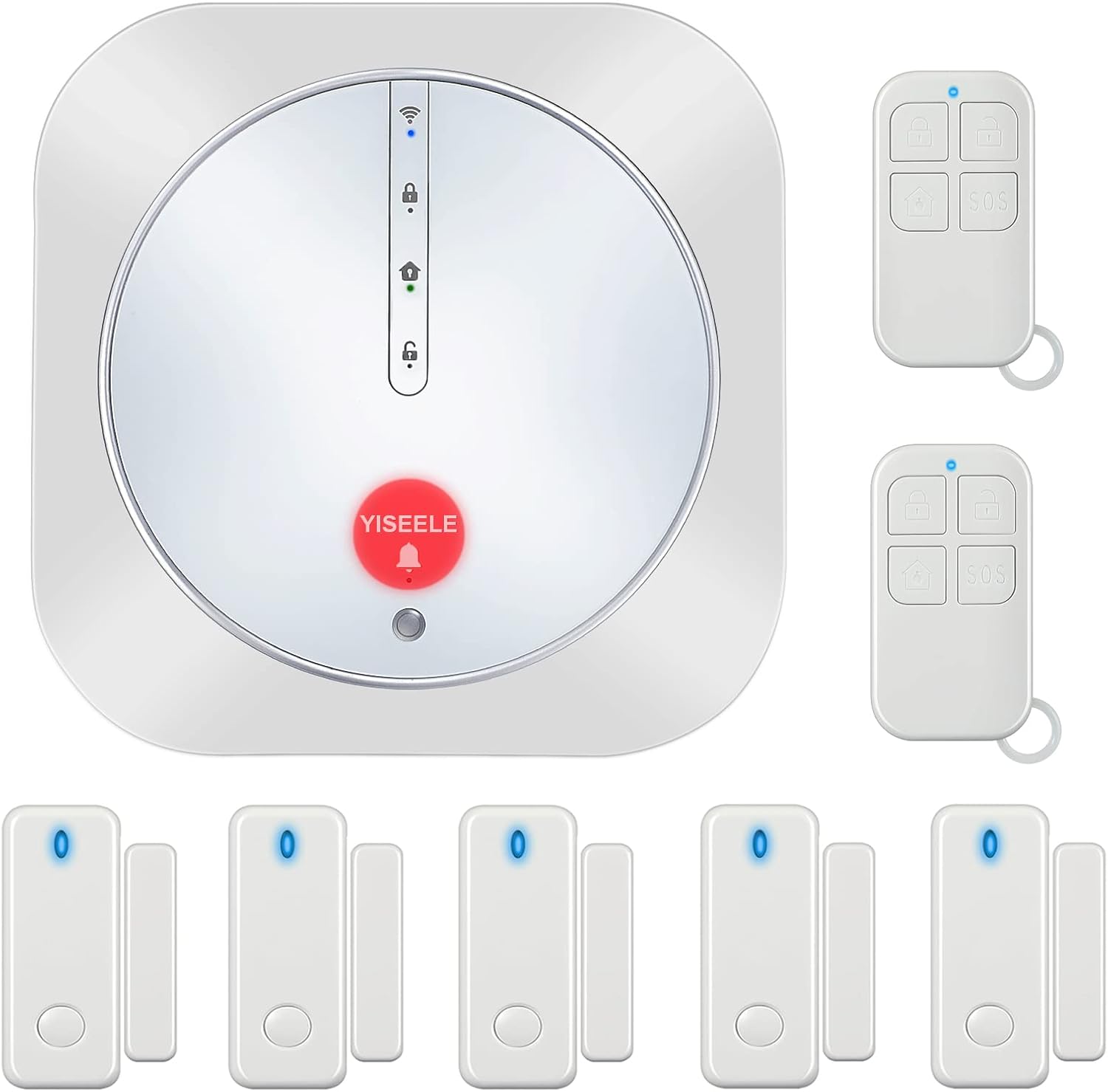 YISEELE Home Security System, WiFi Door Alarm System with Phone APP Alert, Smart Wireless Kit: 1 Alarm Hub, 5 Door/Window Sensors, 2 Remotes - No Contract- Work with Alexa and Google Assistant Pack of 2