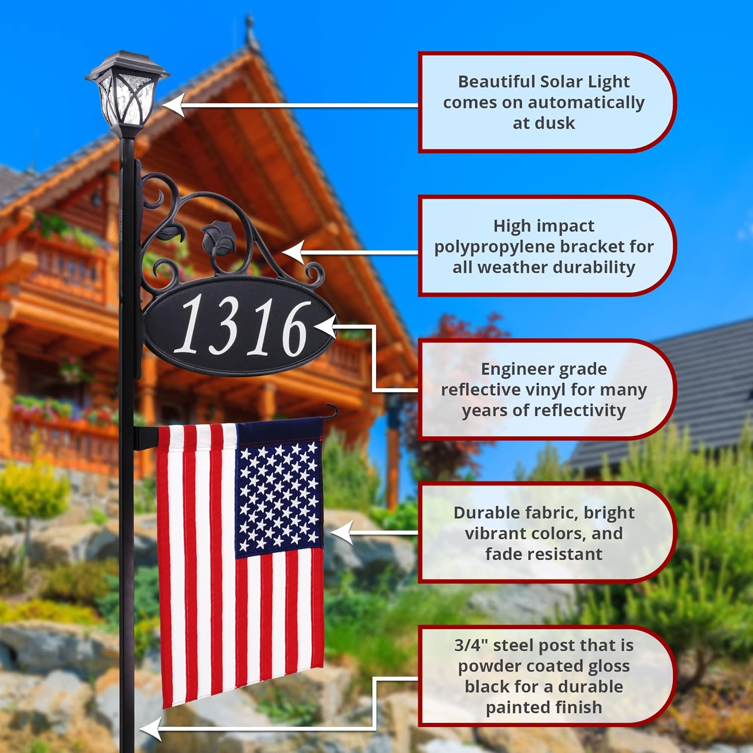 Address America Park Place Reflective Address Sign with Decorative American Flag and Solar Light - 47