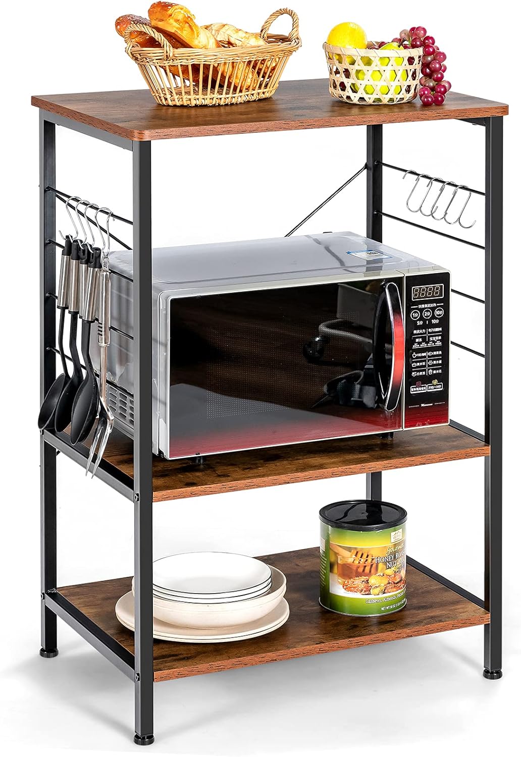 Giantex Kitchen Baker&rsquo;s Rack, 3-Tier Microwave Stand with 10 Hooks, Industrial Style Standing Utility Storage Shelf & Spice Rack Organizer Wood Workstation Metal Frame (Rustic Brown & Black)
