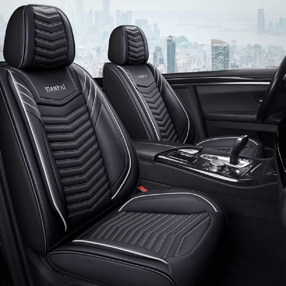 Feng Mang Series Luxury Leather Car Seat Covers 5 Seats Full Set Universal Fit (Black-White)