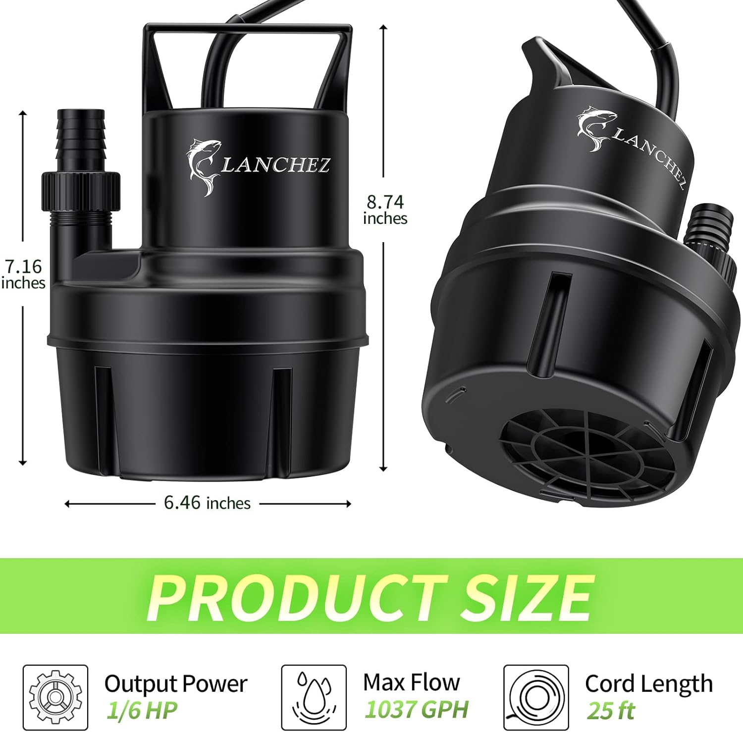 Lanchez Utility Pump 1/6 HP Submersible Sump Pump, 1037 GPH Flow Drain Clean Water for Swimming Pool Garden Pond Basement，Transfer Pump with 25ft Long Power Cord Pack of 2