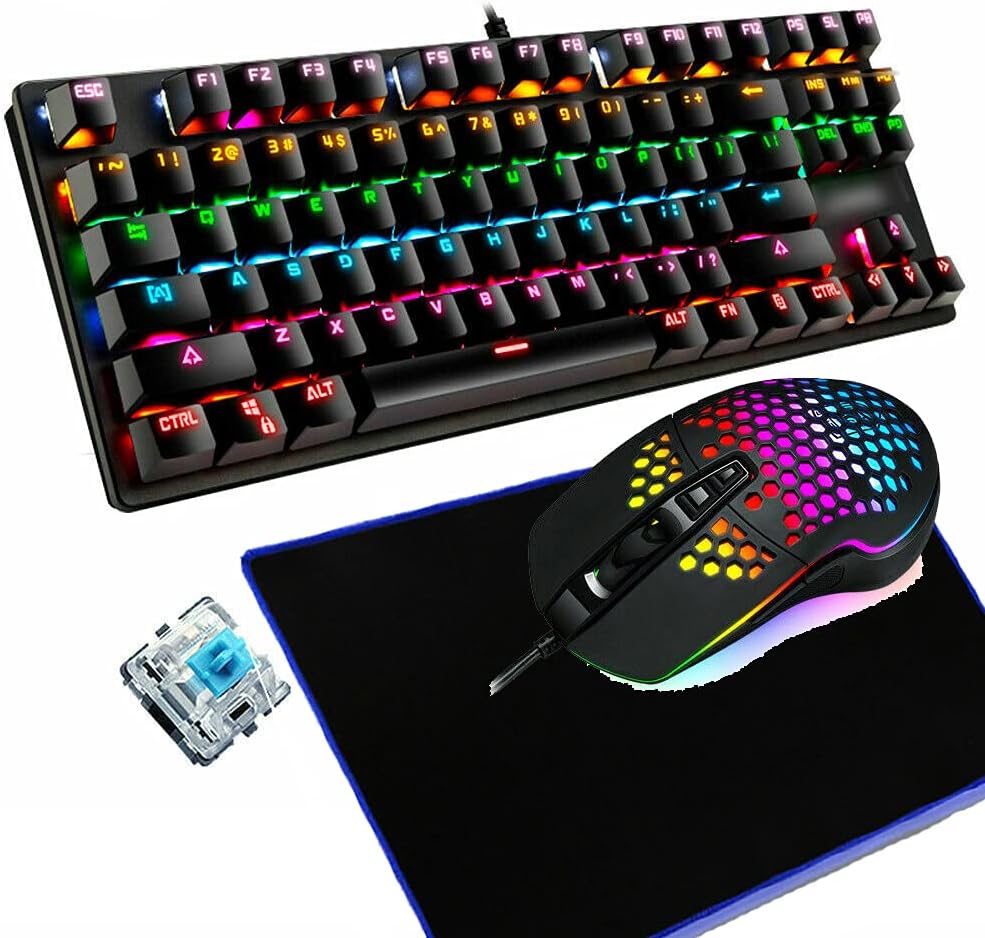 Wired Gaming Keyboard and Sets 87 Keys Rainbow Backlit Mechanical Keyboard ,RGB Backlit 6400 DPI Lightweight Gaming Mouse, Mouse Pad for PC Game (Pink) Pack of 2