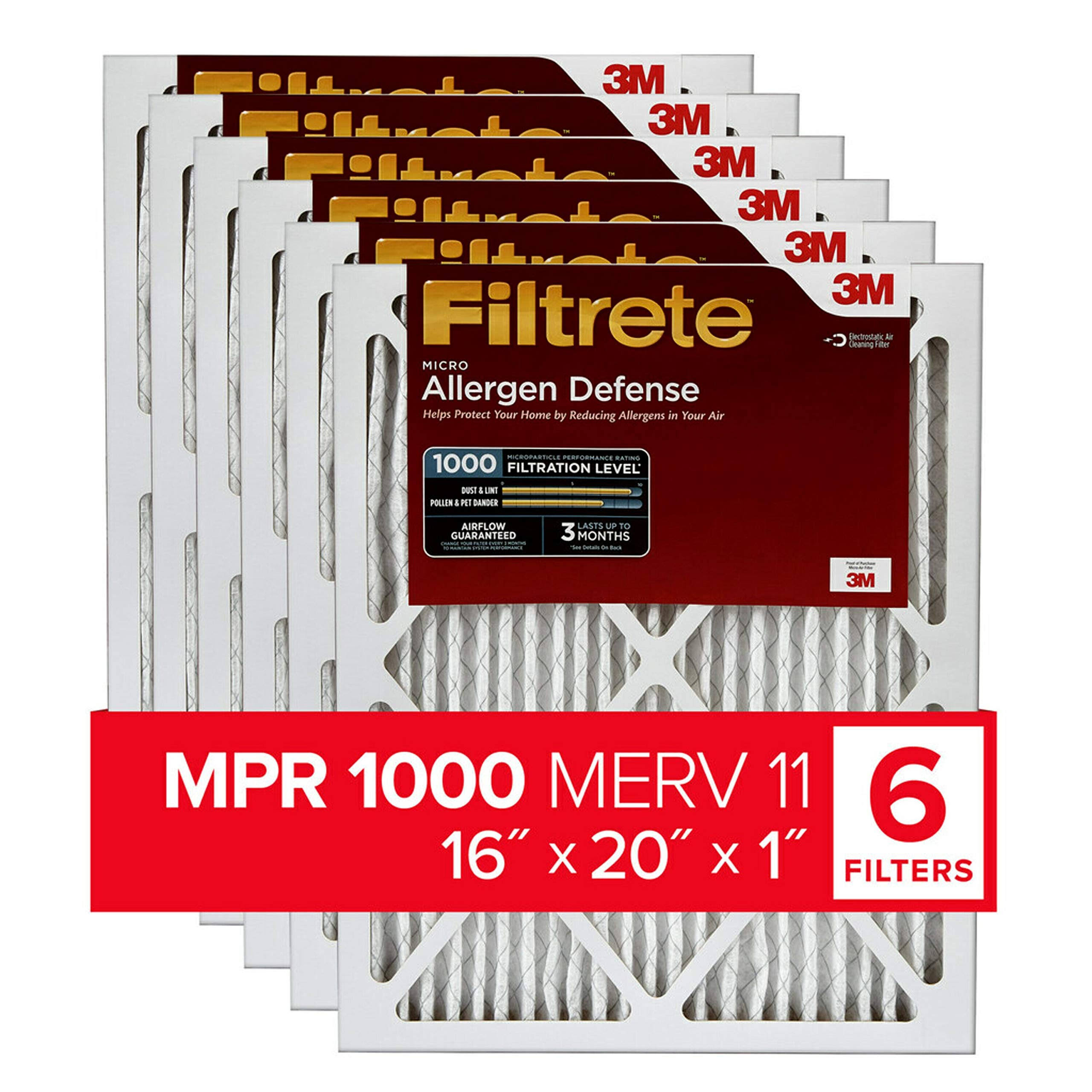 Filtrete 16x20x1, AC Furnace Air Filter, MPR 1000, Micro Allergen Defense, 6-Pack