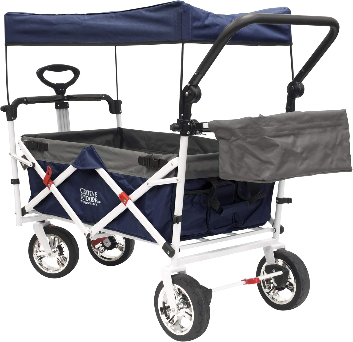 Creative Outdoor Push Pull Collapsible Folding Wagon Stroller Cart for Kids | Sun & Rain Shade | Beach Park Camping Tailgate & Garden | Navy