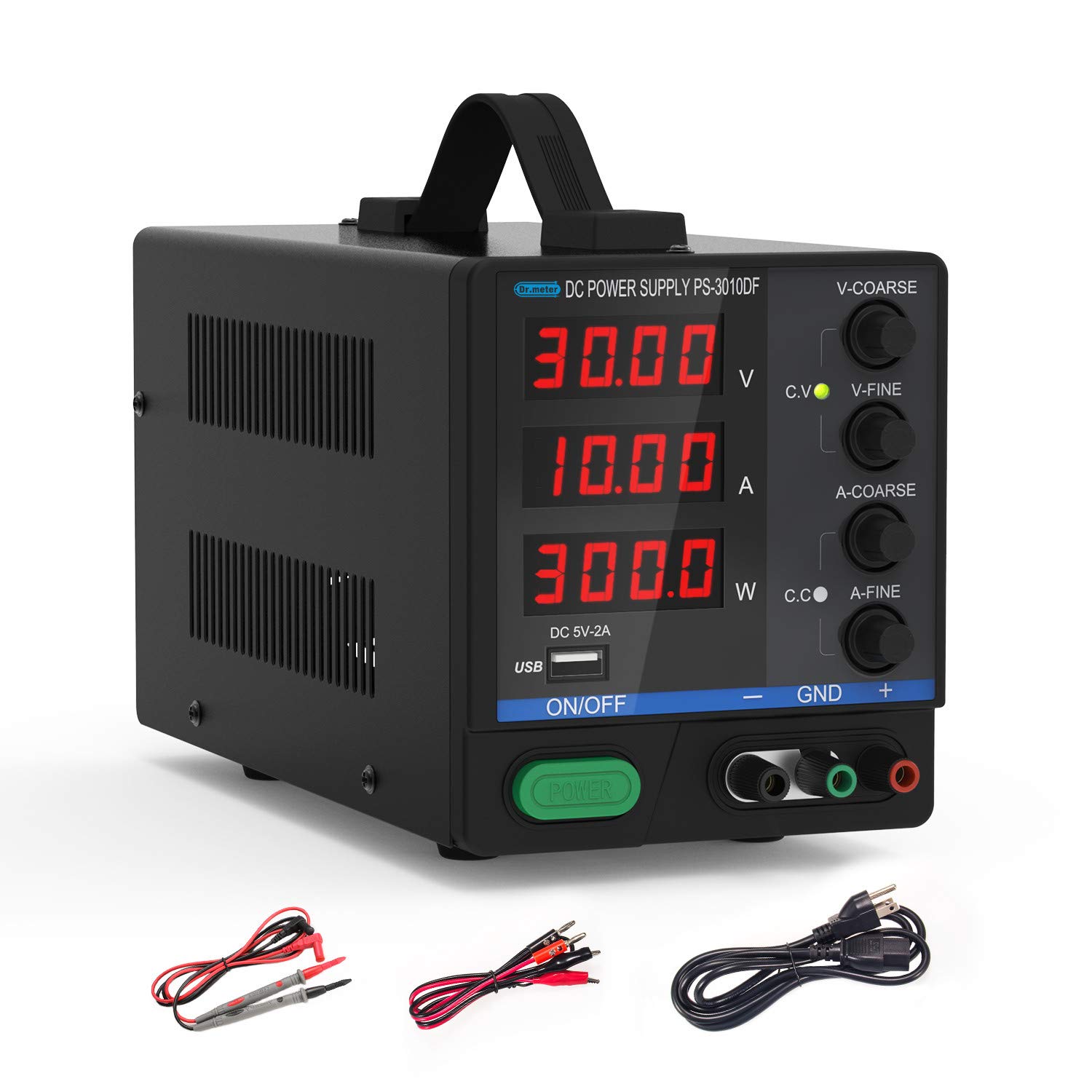 DC Power Supply, Dr.meter 30V/10A Multifunctional and Switching DC Regulated Power Supply with 4-Digits LED Display and 5V/2A USB Interface, Alligator Leads US Power Cord for Laboratory, 3 Terminals