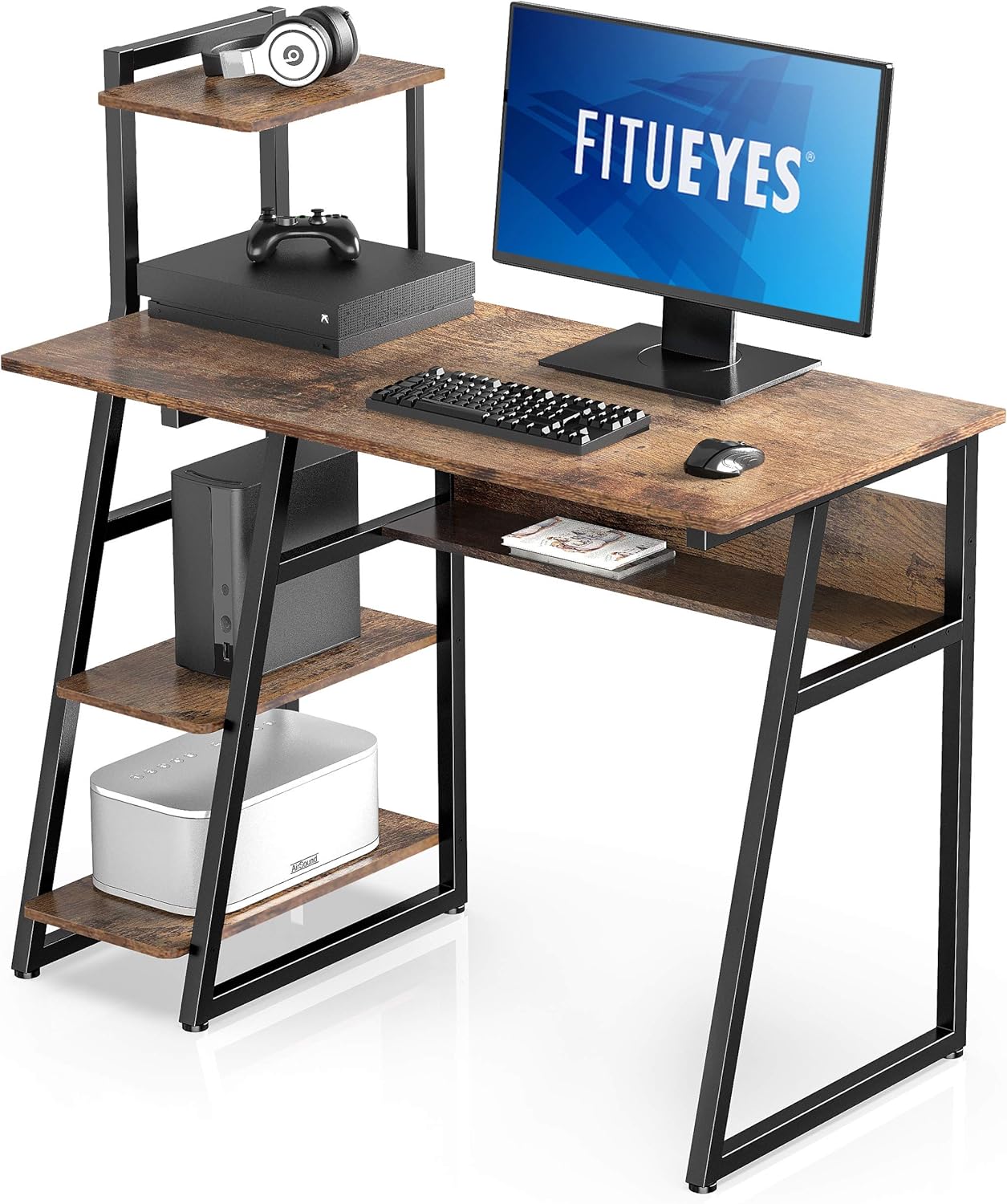 FITUEYES Computer Desk with Shelves,Home Office Writing Table with Bookshelf,40 Inch Modern Style PC Desk for Small Space,Vintage Brown