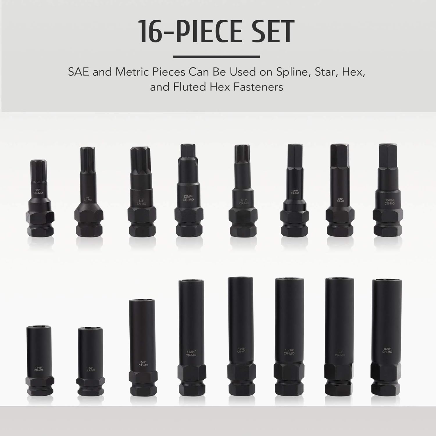 16pc Locking Lug Nut Master Key Set | SAE & Metric Wheel Lock Removal Kit for Removing Locking Spline Star Hex and Fluted Hex Lug Nuts | Lug Nut Remover Set for Mechanics and More, CrMo Steel Pack of 2