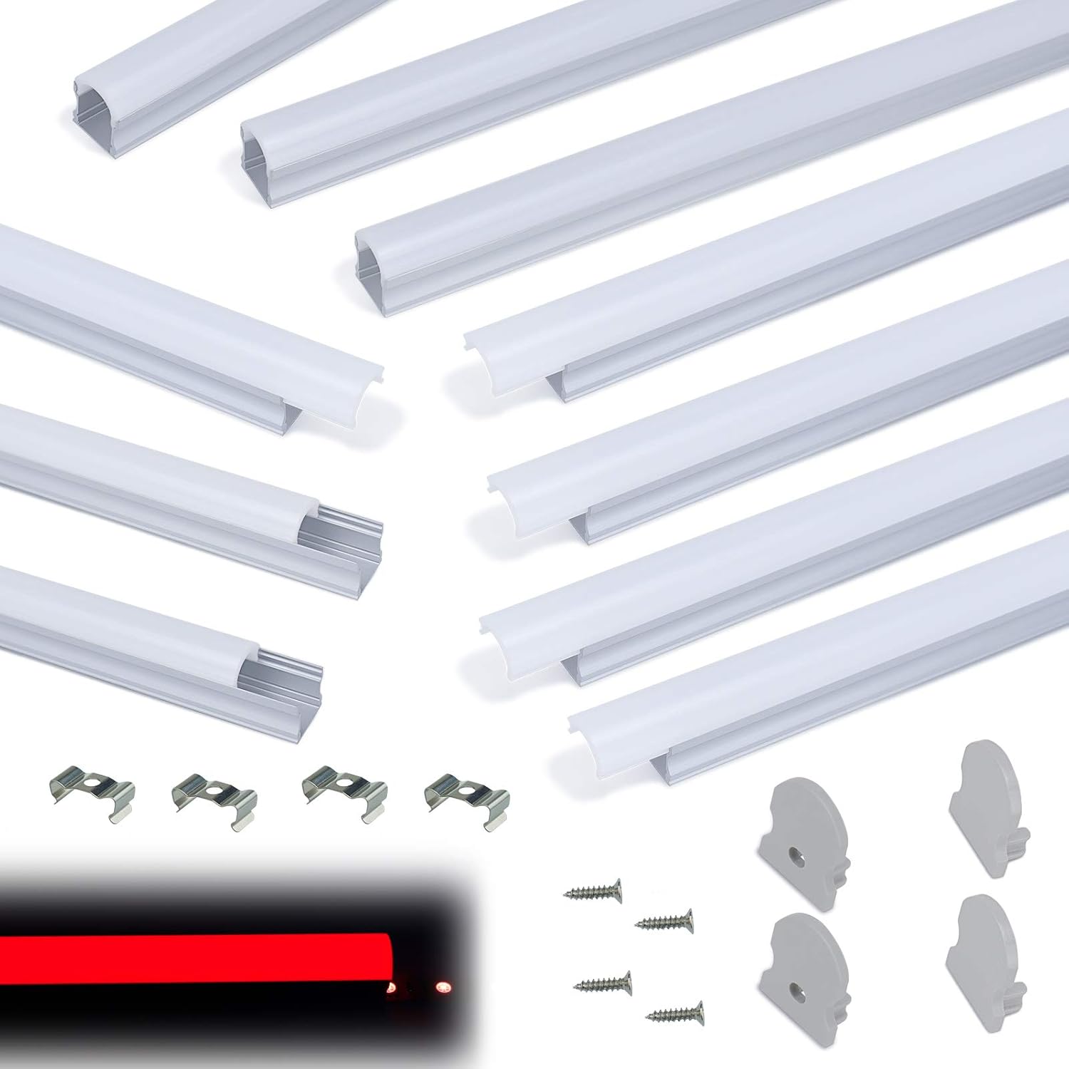 Muzata 10-Pack 6.6ft/2Meter 17x20mm U Shape Spotless Black LED Aluminum Channel System with 60° Curved Plexiglass Milky White Neon Effect Cover Diffuser, U108 2M BW,LN1