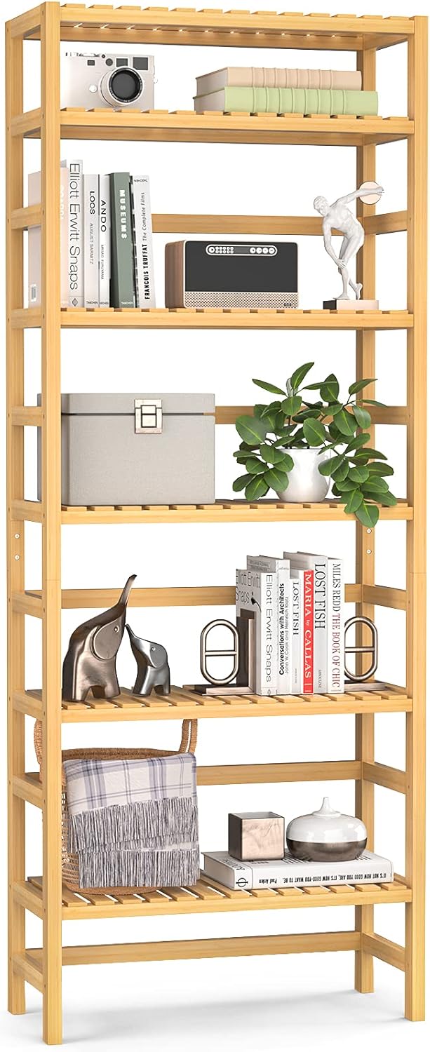 Homykic Bookshelf, 6 Tiers Bamboo Adjustable Tall Bookcase Book Shelf Rack Organizer Shelving Unit Free Standing Storage for Living Room, Study, Kitchen, Bedroom, Balcony, Office, Bathroom, Natural