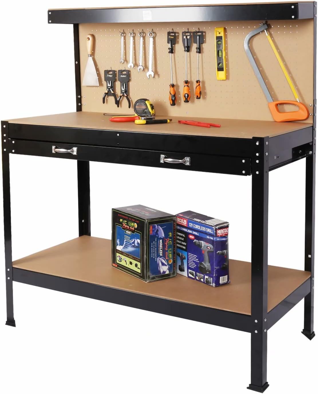 Multipurpose Workbench,Steel Workbench Tool StorageWork Bench,WorkshopTools Table W/Drawer and Peg Board 63