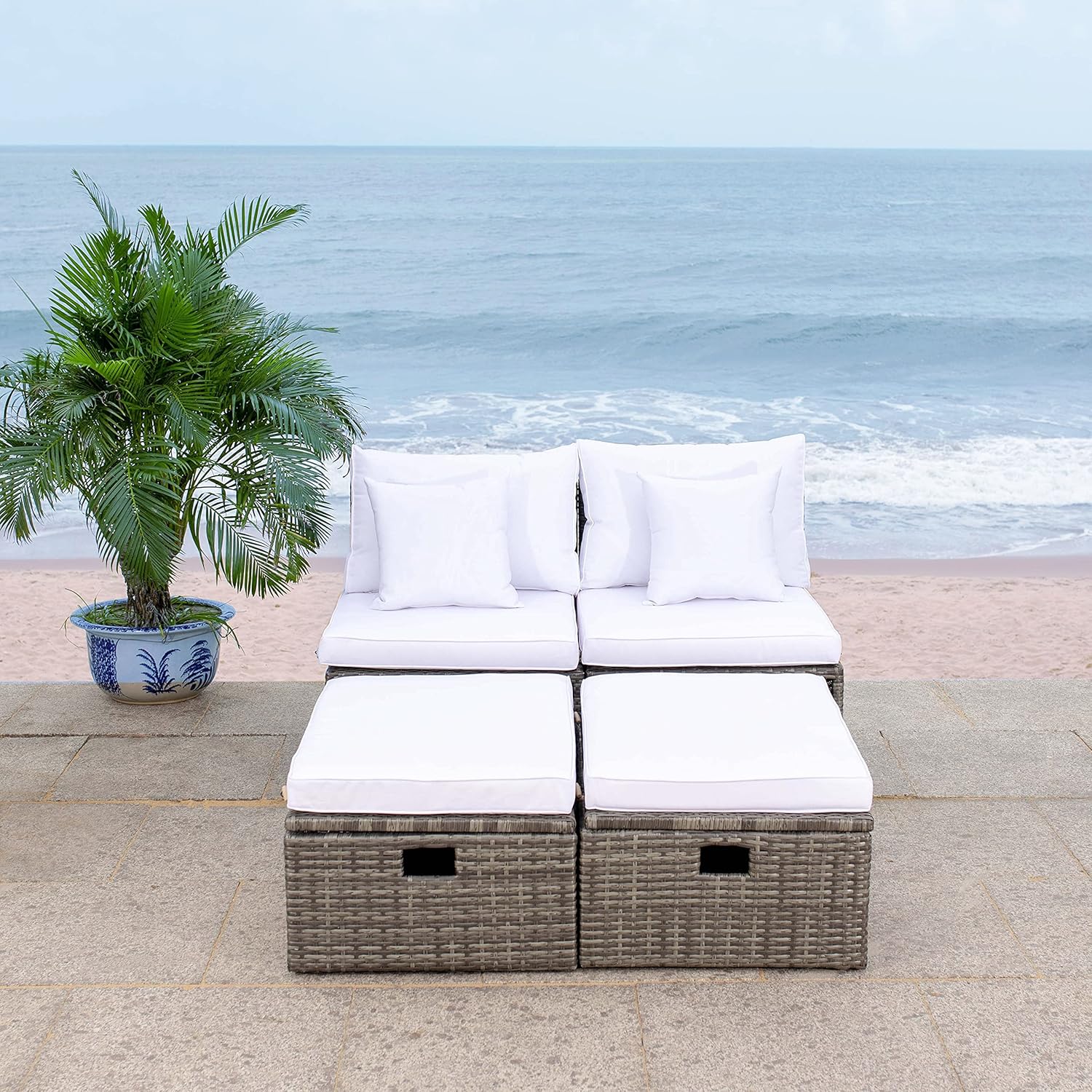 Safavieh PAT7515A Collection Pramla Black and Beige 4-Piece Outdoor Ottoman Settee