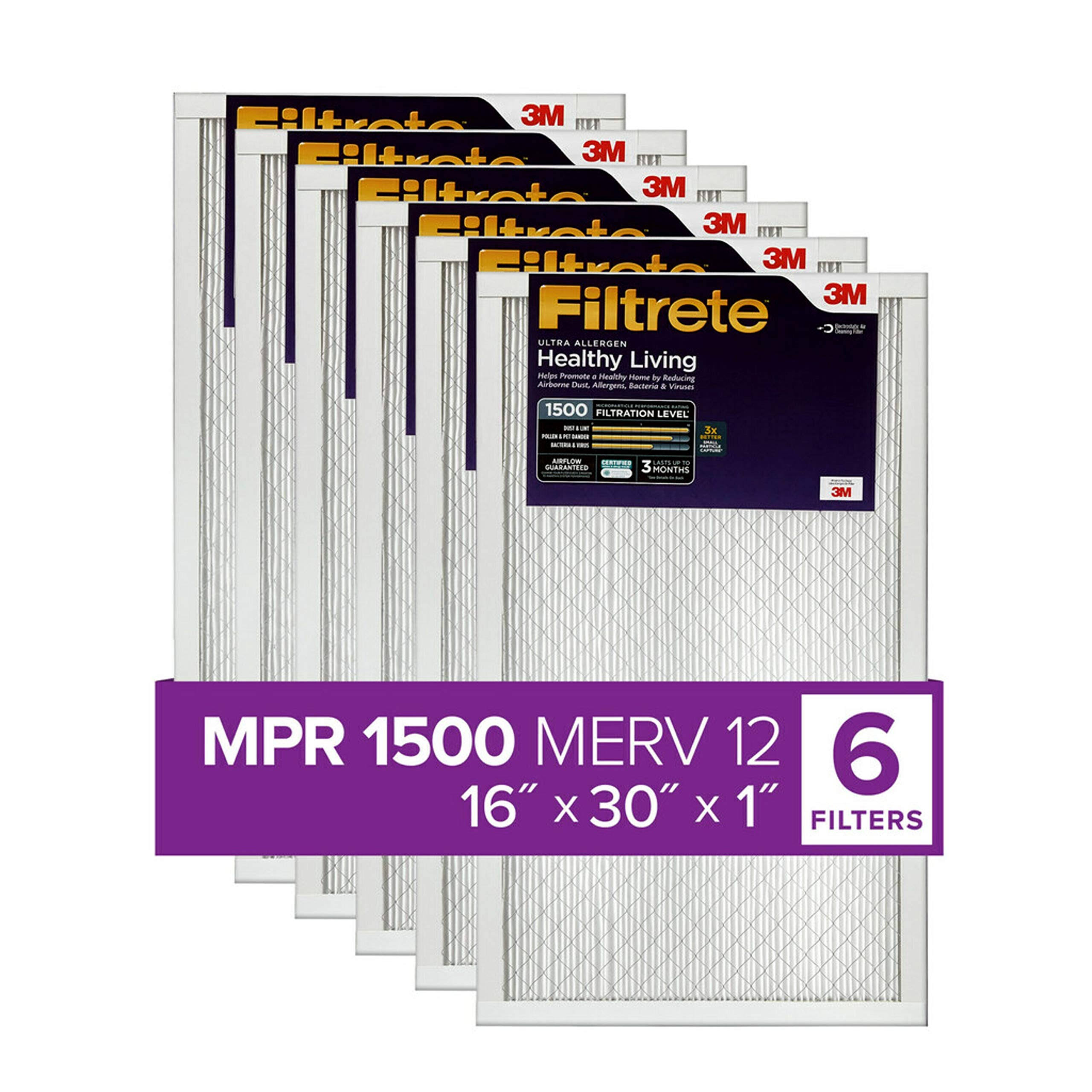 Filtrete 16x30x1, AC Furnace Air Filter, MPR 1500, Healthy Living Ultra Allergen, 6-Pack