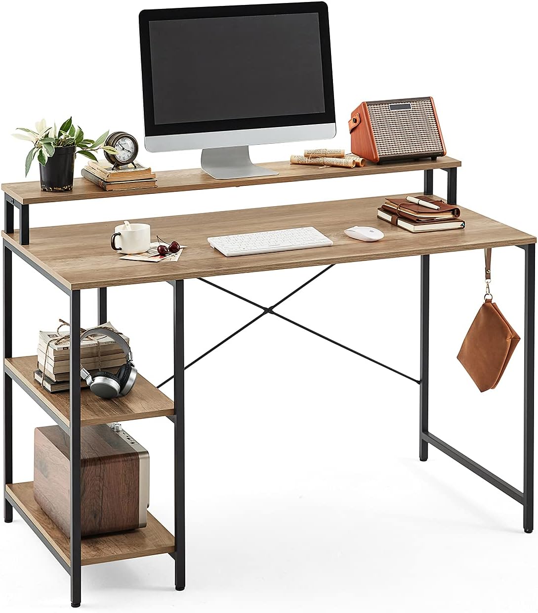 LINSY HOME Computer Desk with Shelves, 47 Inch Work Table for Home Office, Laptop Table with Monitor Stand for Small Spaces, Greige Oak Finished