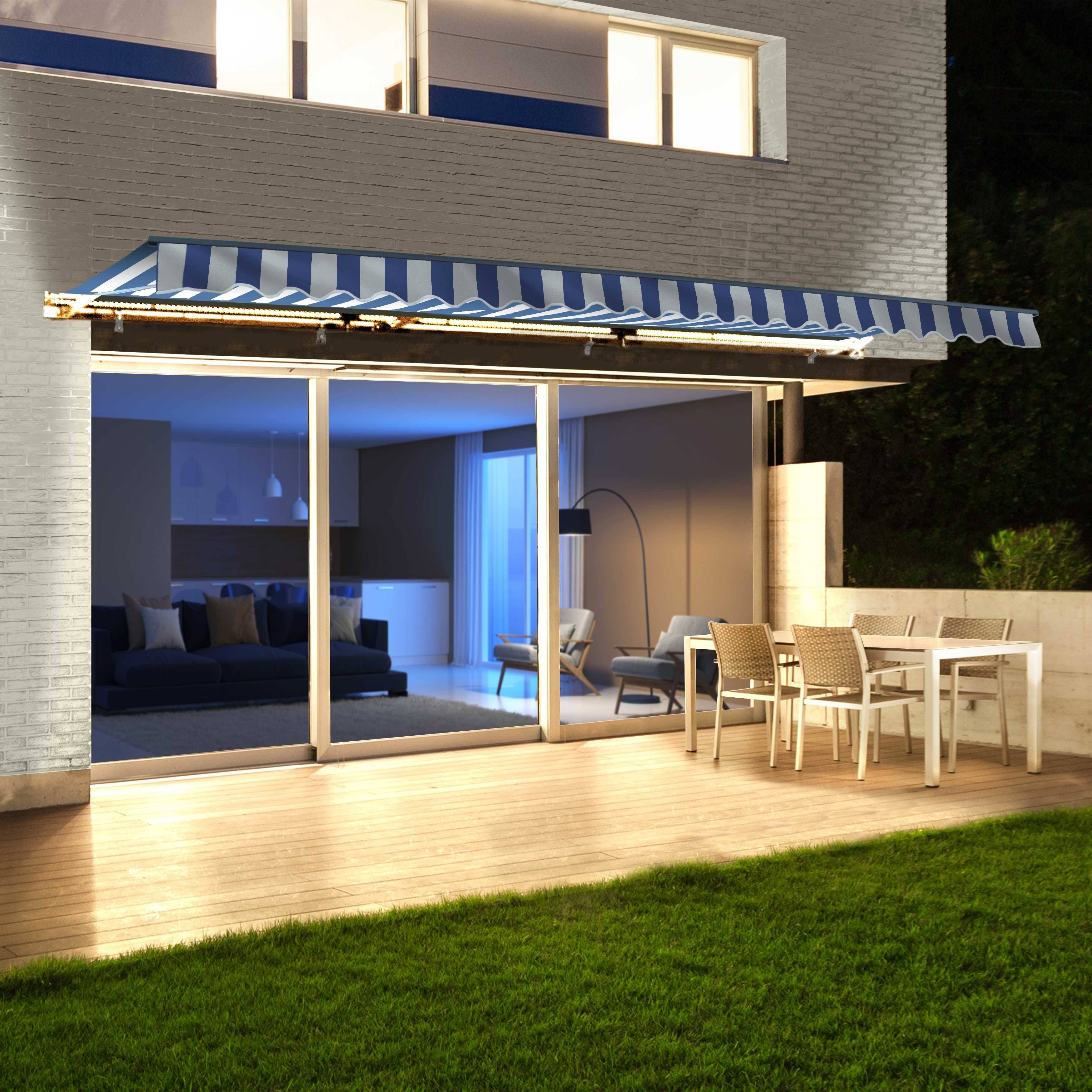 Aleko AWCL12X10BLWT03 Motorized LED Half Cassette Retractable Awning 12 x 10 Feet, Blue/White